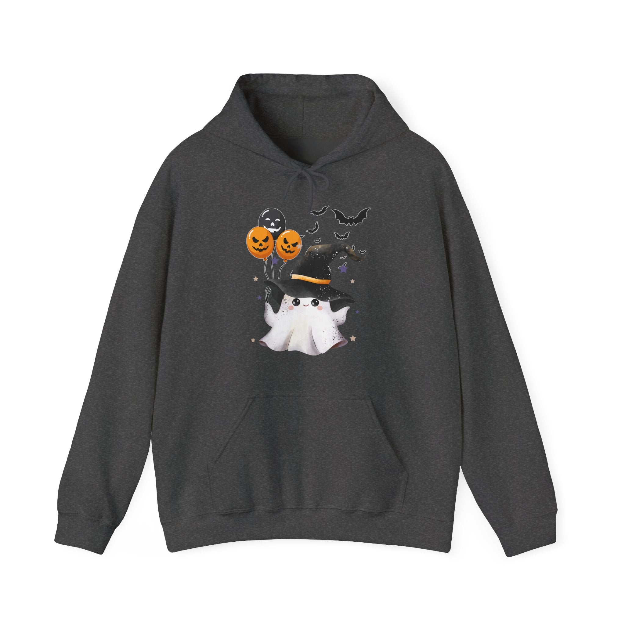Dark gray hoodie with Halloween-themed design featuring a cat, pumpkins, and bats on a white background.
