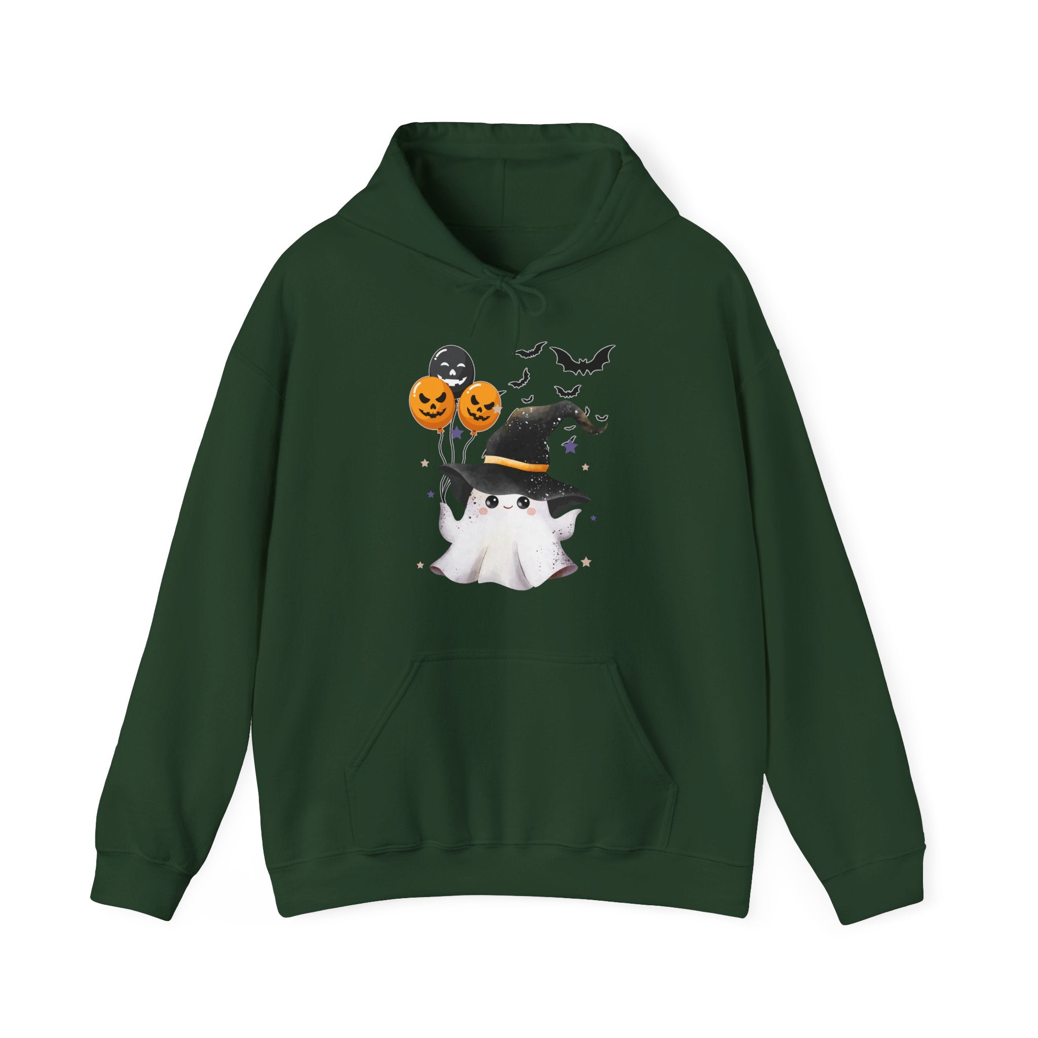 Forest green hoodie with Halloween-themed design featuring a ghost, pumpkins, and bats on a white background.