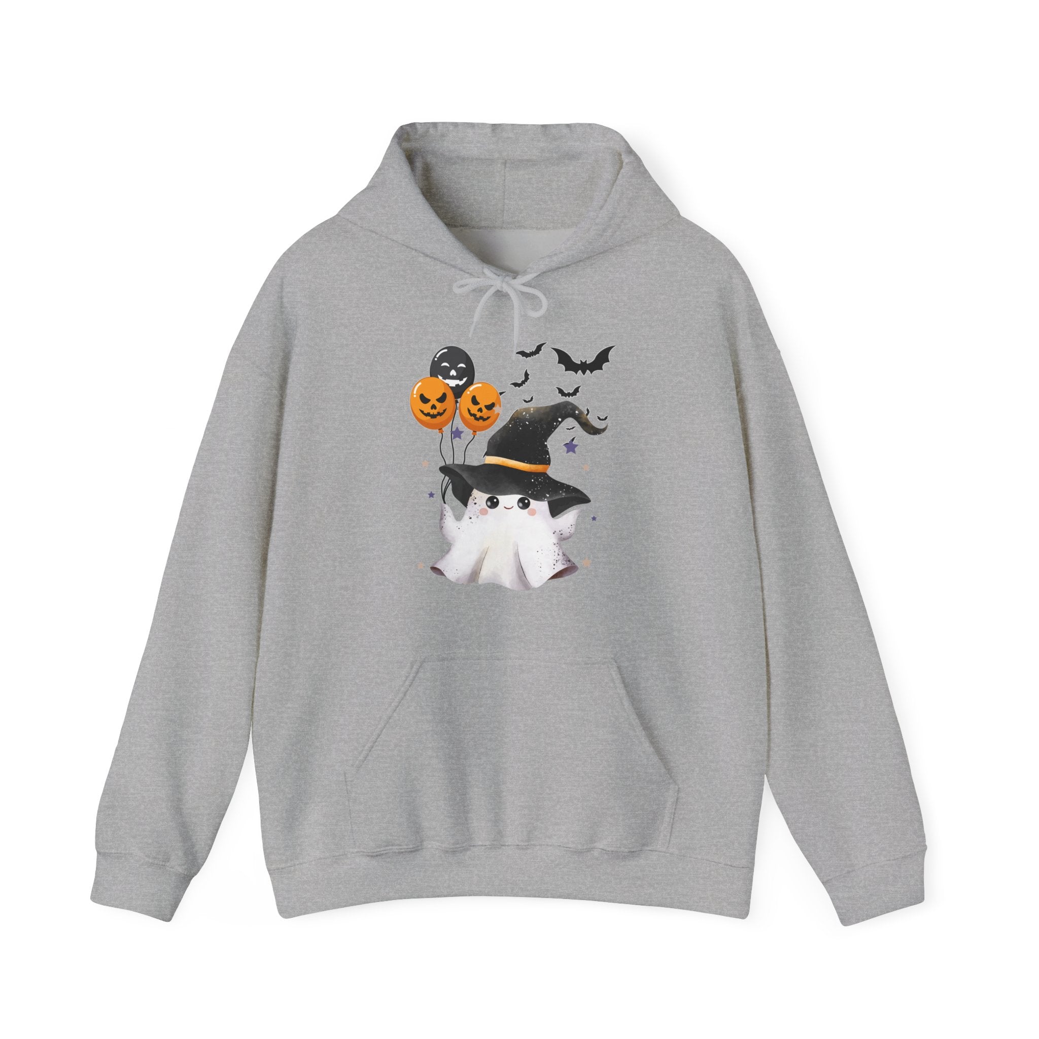 Gray hoodie with Halloween-themed design on a white background