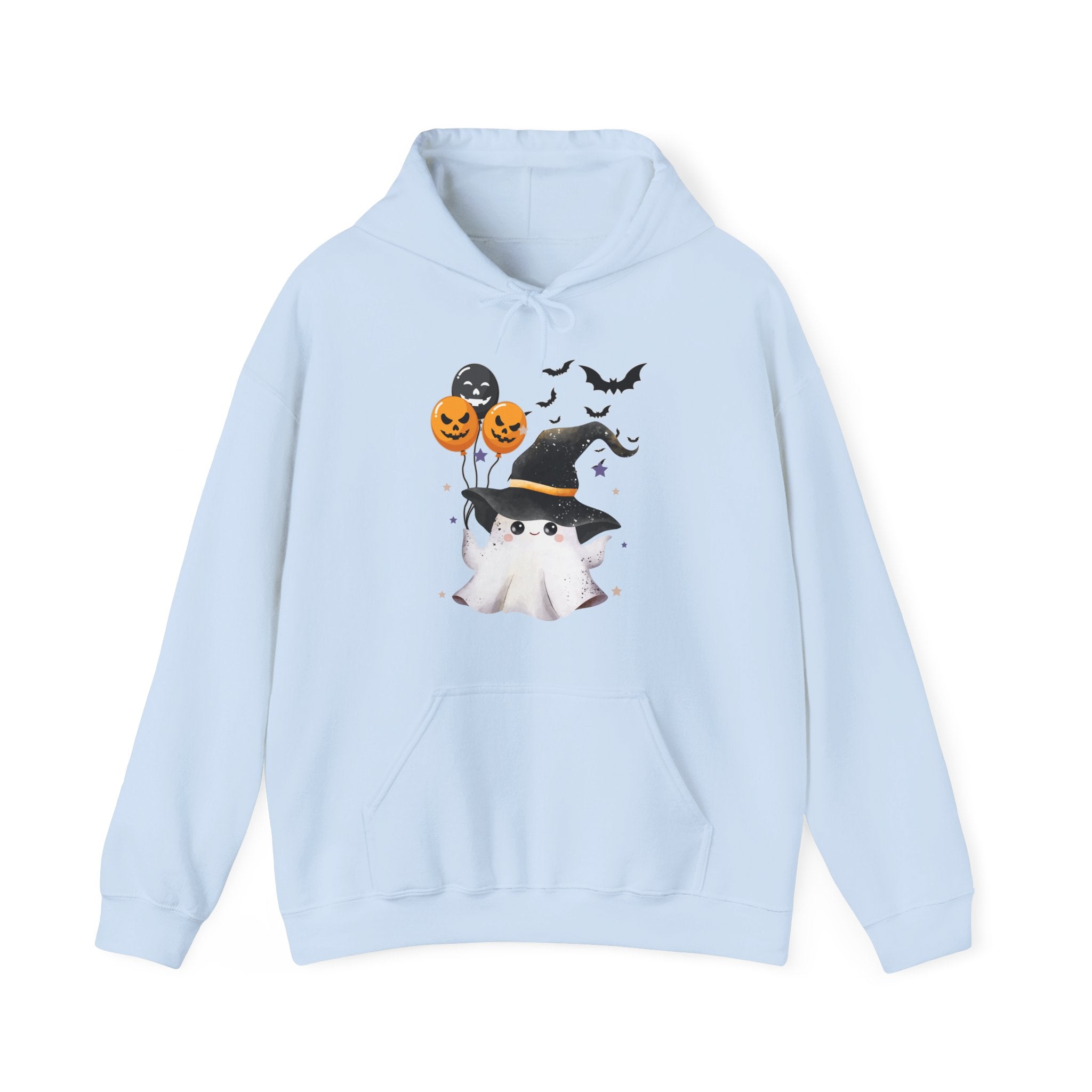 Light blue hoodie with Halloween-themed design on a white background