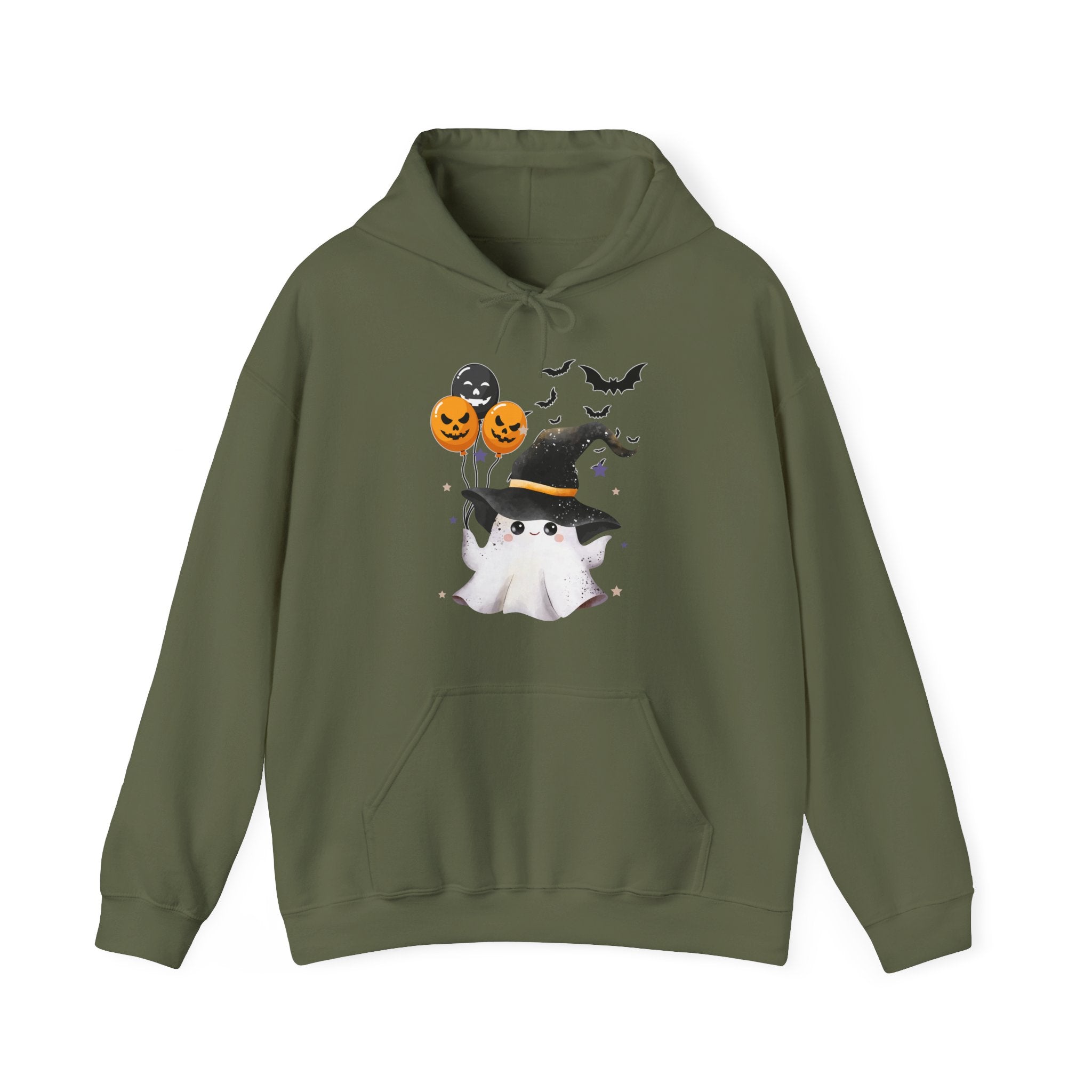 Military green hoodie with Halloween-themed design on a white background