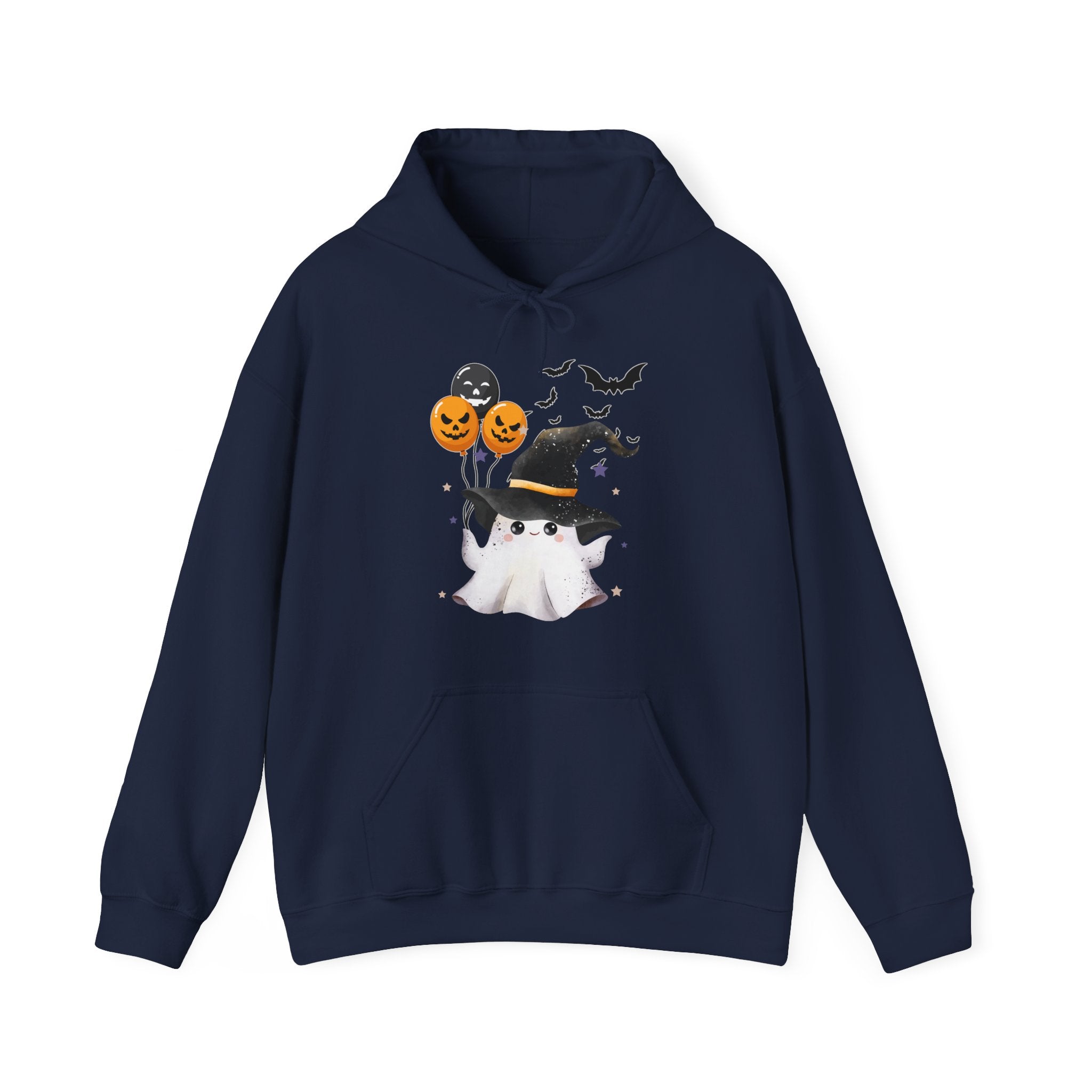 Navy blue hoodie with Halloween-themed design featuring a ghost, witch, and pumpkins on a white background.