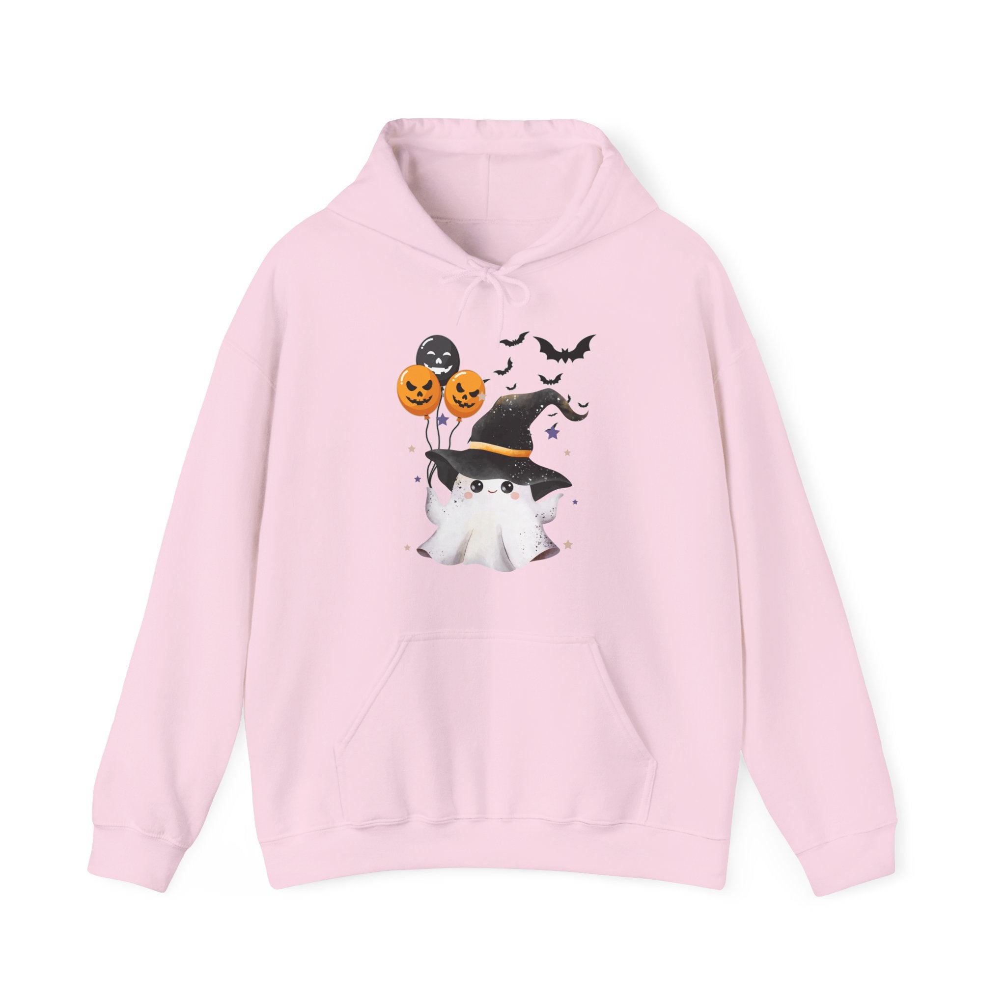 Pink hoodie with Halloween-themed design on a white background