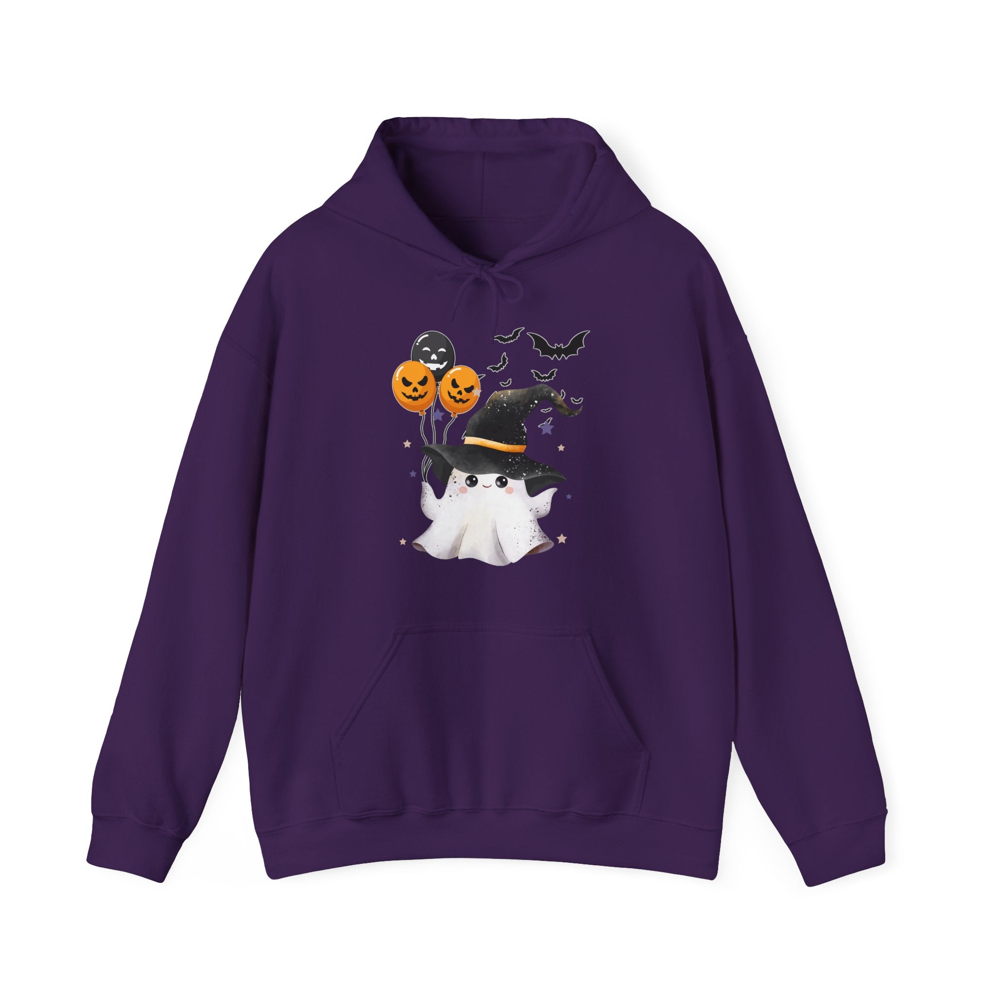 Purple hoodie with Halloween-themed design featuring a ghost, witch hat, and balloons on a white background.