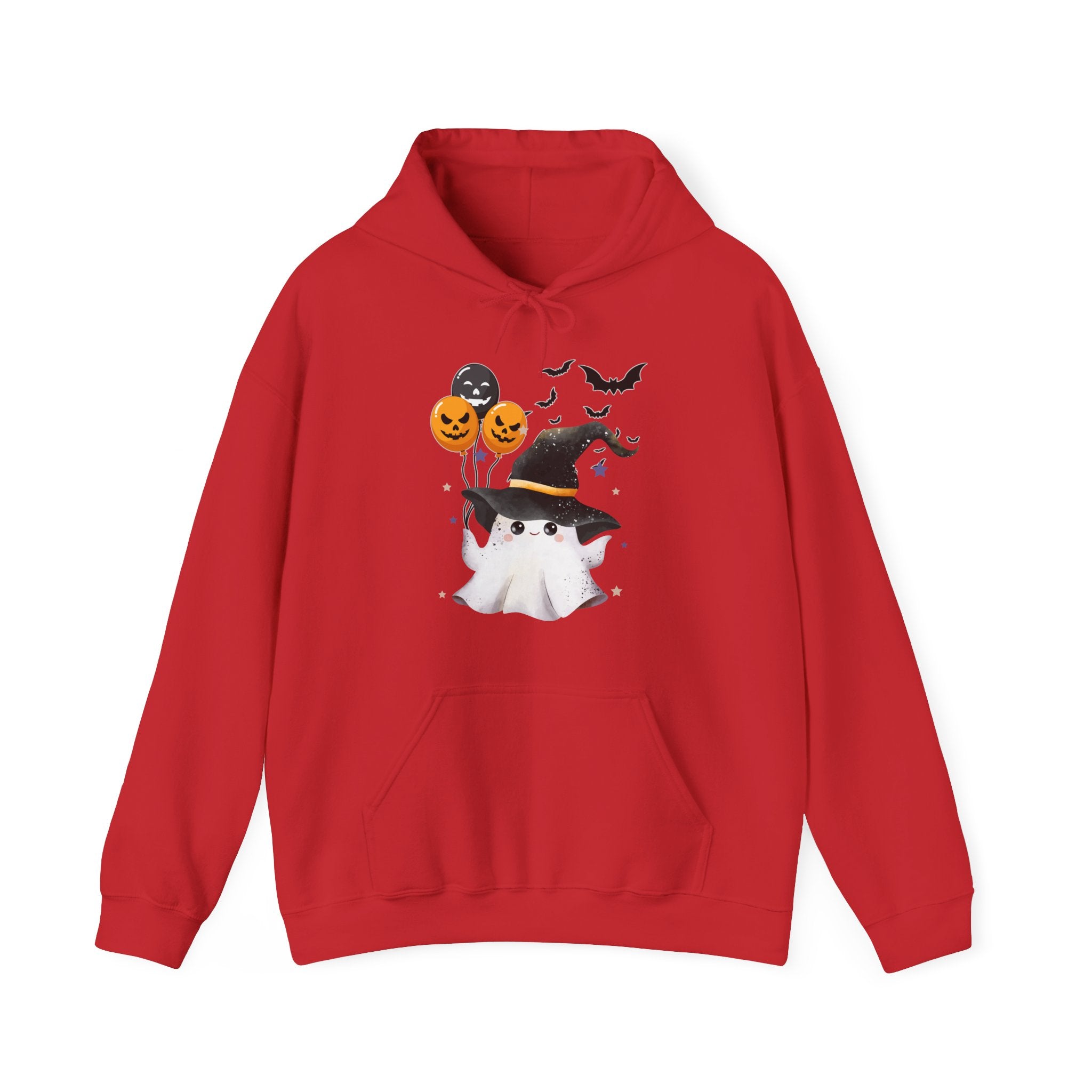 Red hoodie with Halloween-themed design on a white background