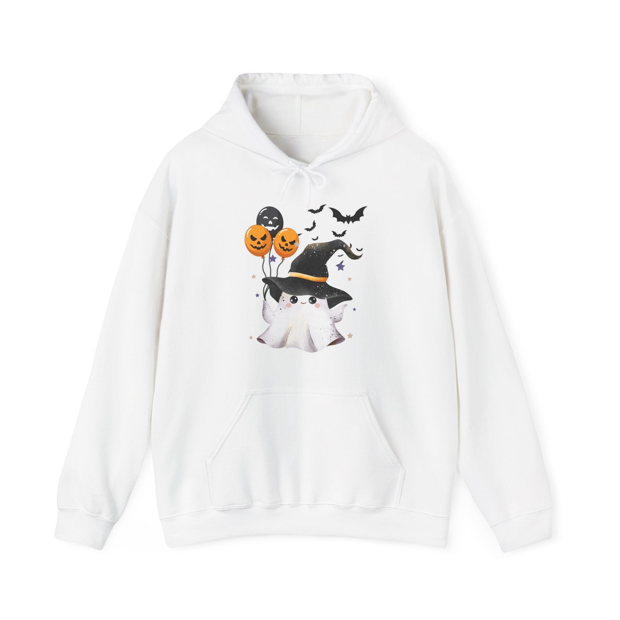 White hoodie with Halloween-themed design on a white background