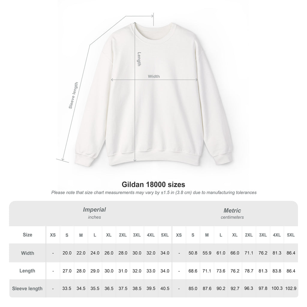 White sweatshirt with measurement chart on a white background