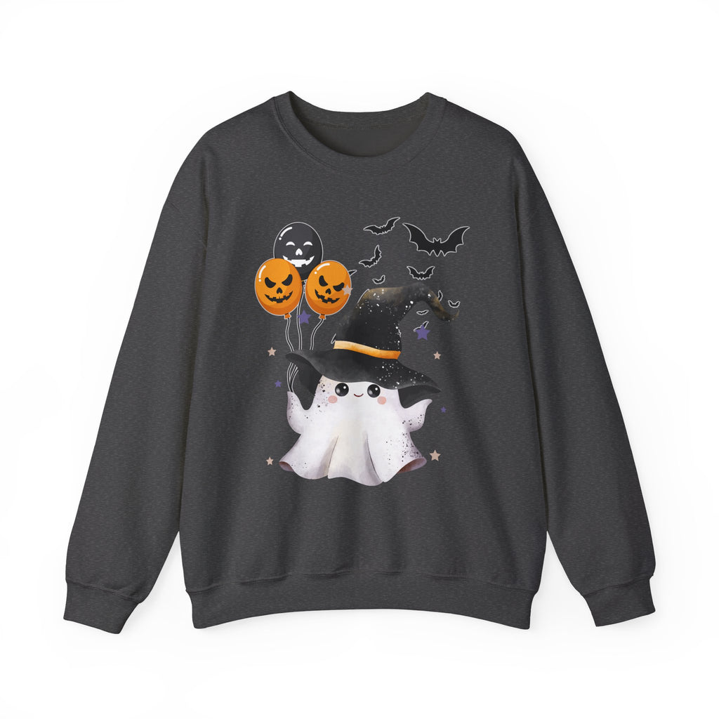 Dark heather gray sweatshirt with Halloween-themed graphics on a white background