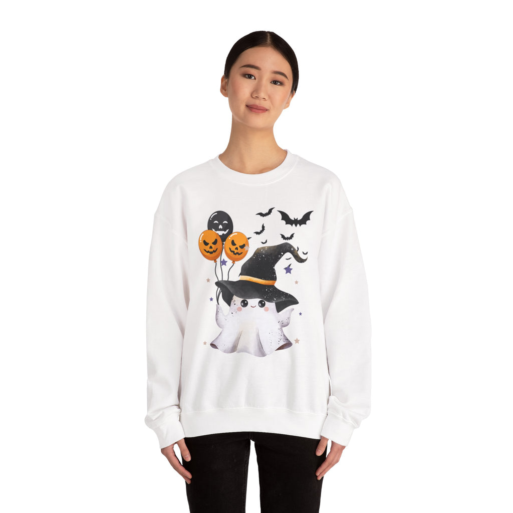 Person wearing a white Halloween-themed sweatshirt with graphics on a white background