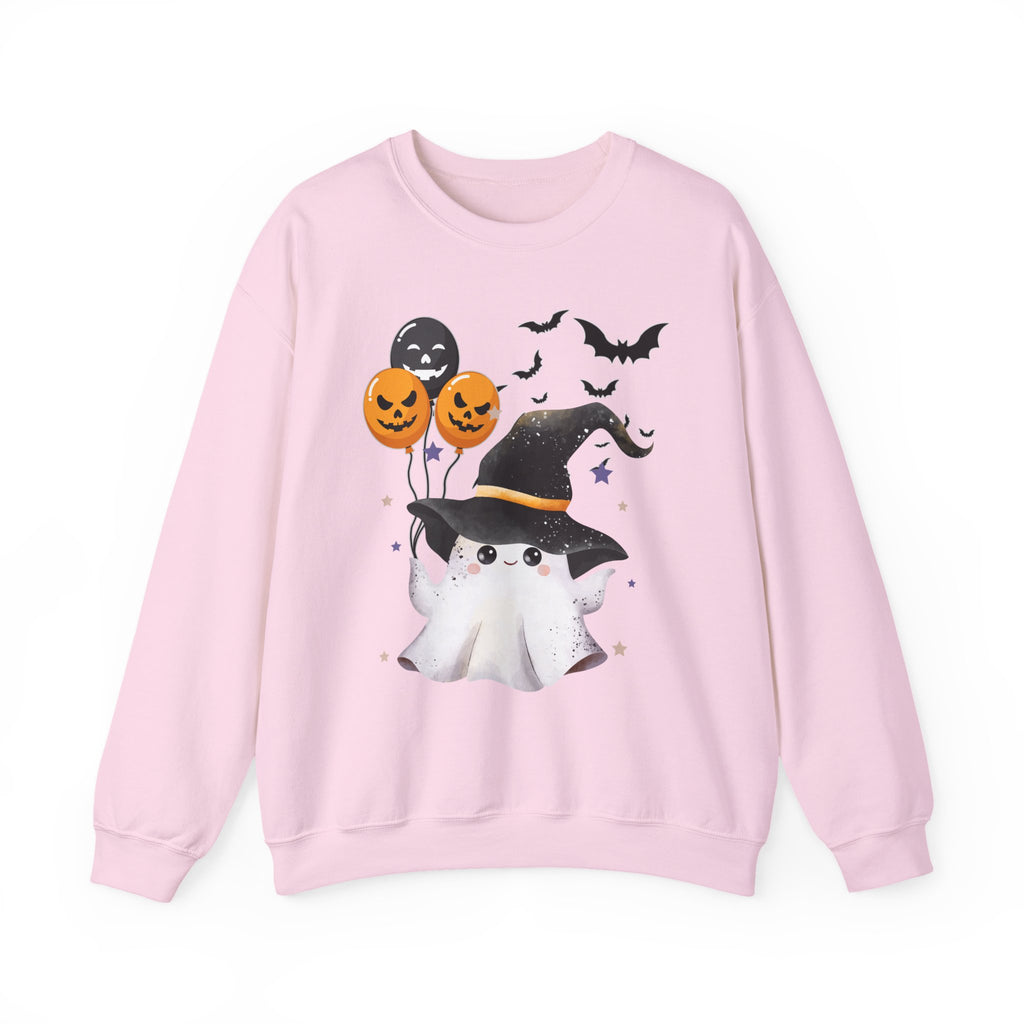 Pink sweatshirt with Halloween-themed design on a white background