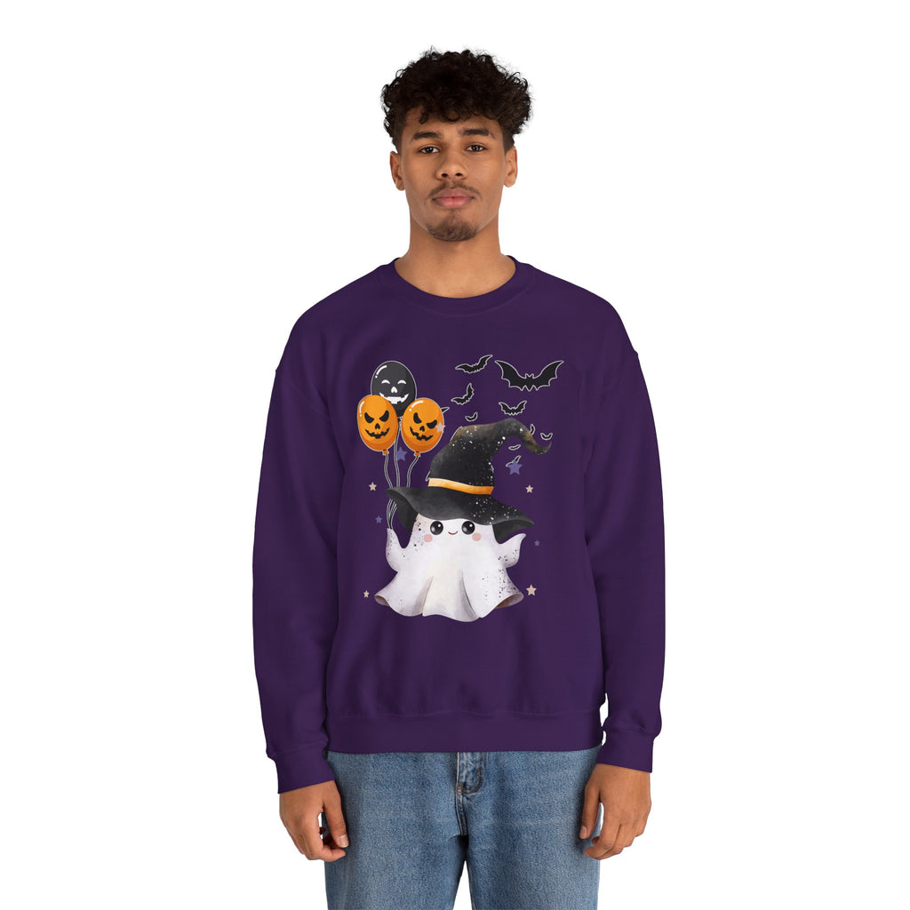 Person wearing a purple Halloween-themed sweatshirt with a ghost and pumpkins design.