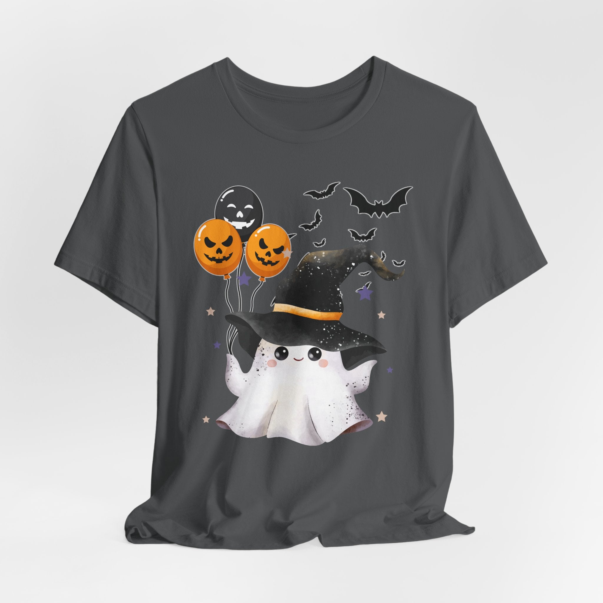 Asphalt black t-shirt with a Halloween-themed design featuring a ghost, pumpkins, and bats on a white background.