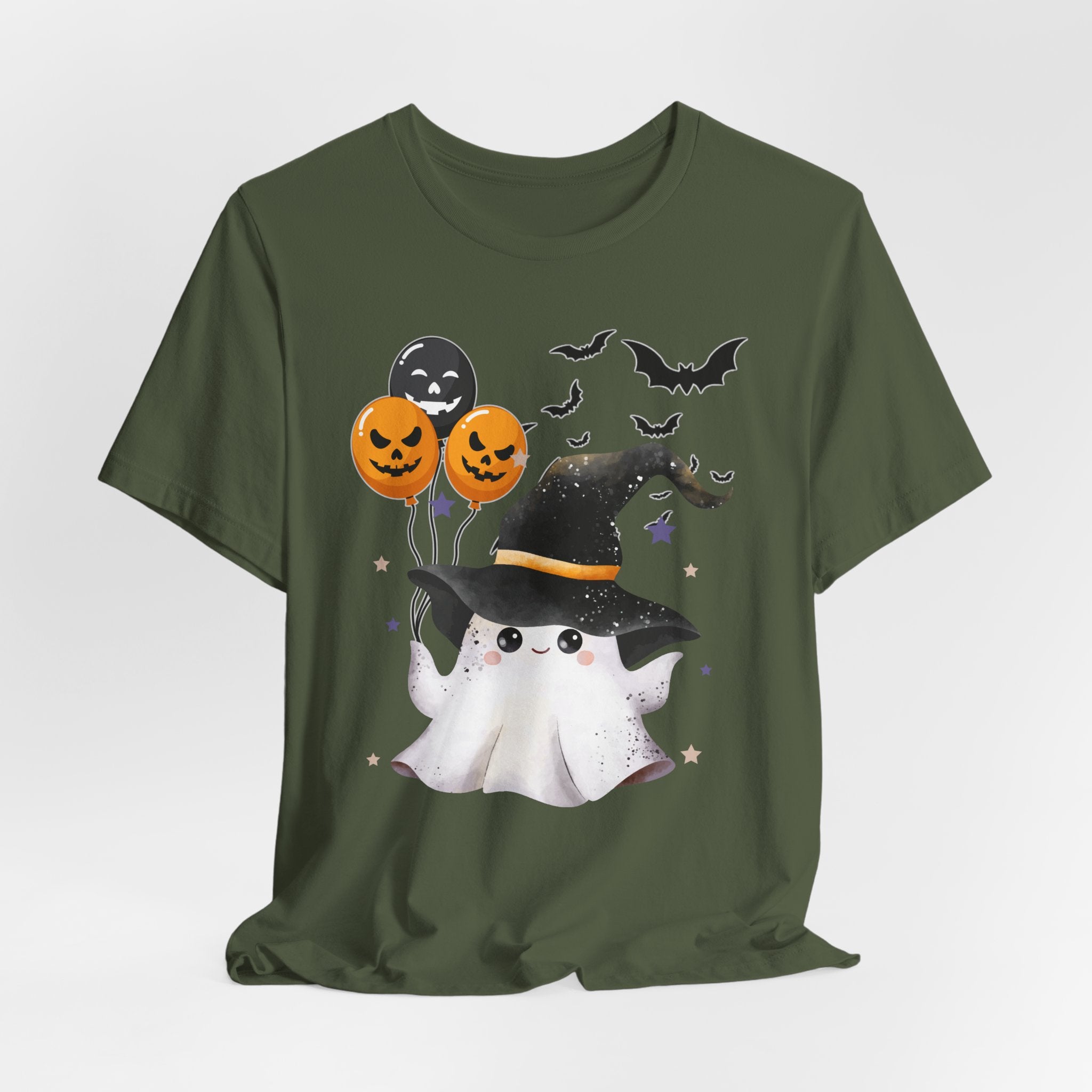 Military green t-shirt with Halloween-themed design featuring a ghost, pumpkins, and bats on a white background.