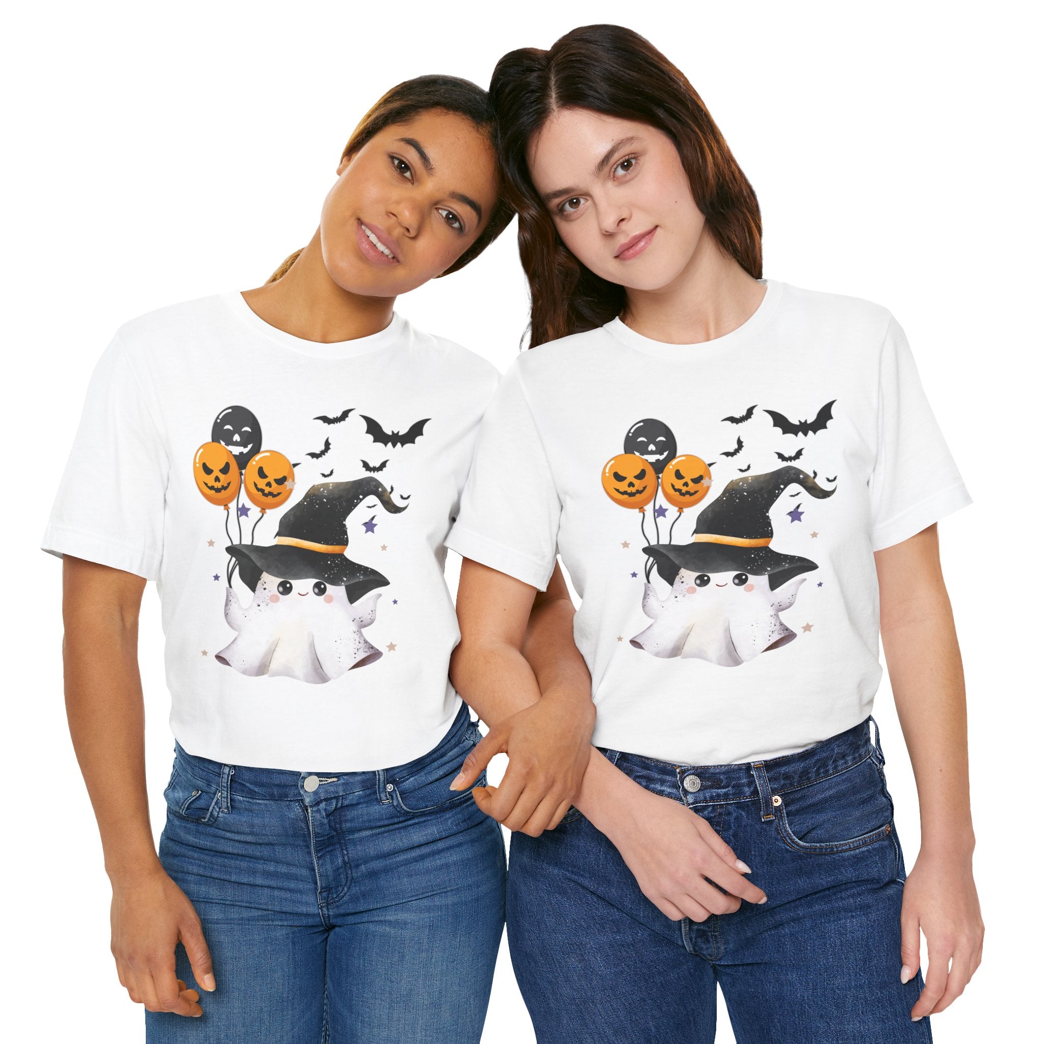 Two people wearing white t-shirts with Halloween-themed designs on a white background
