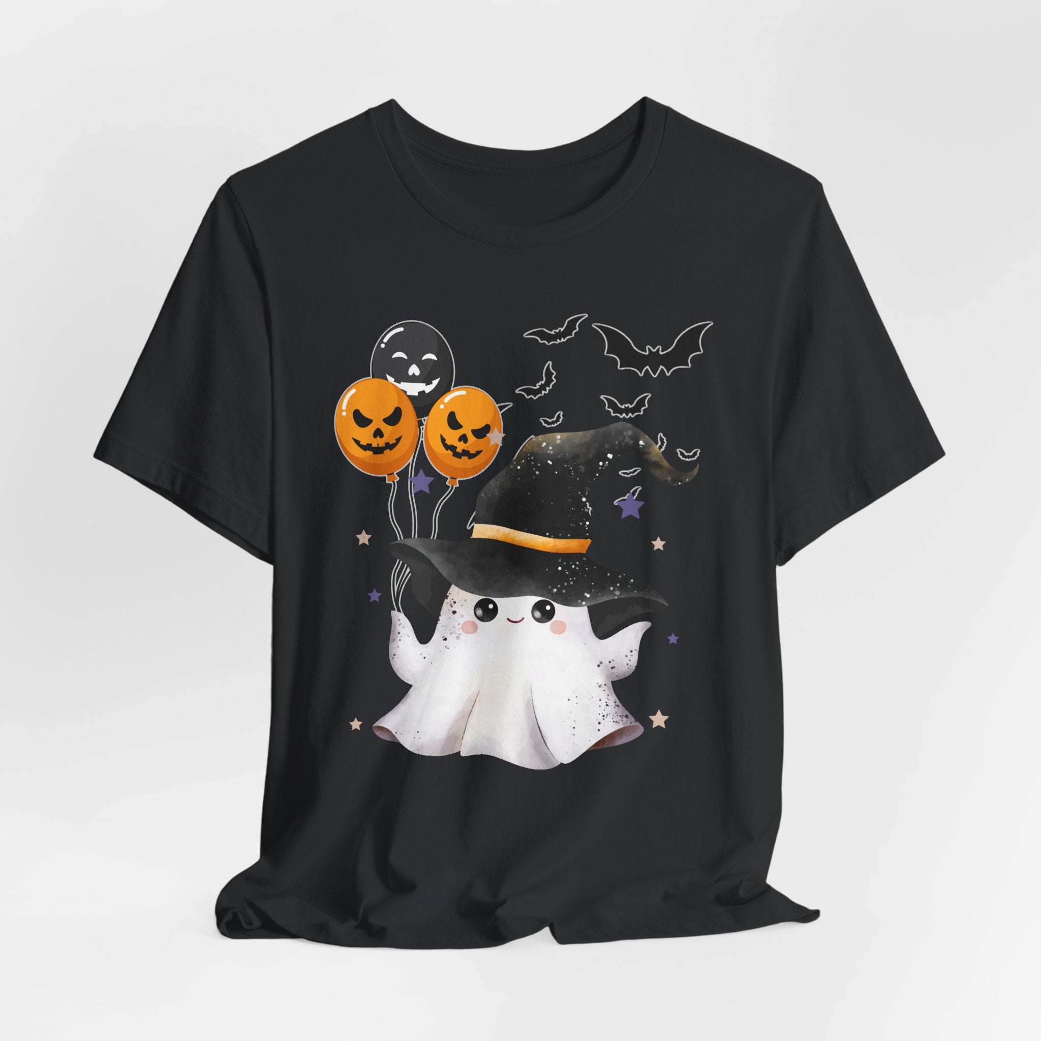 Vintage black t-shirt with Halloween-themed design featuring a ghost, pumpkins, and bats on a white background.