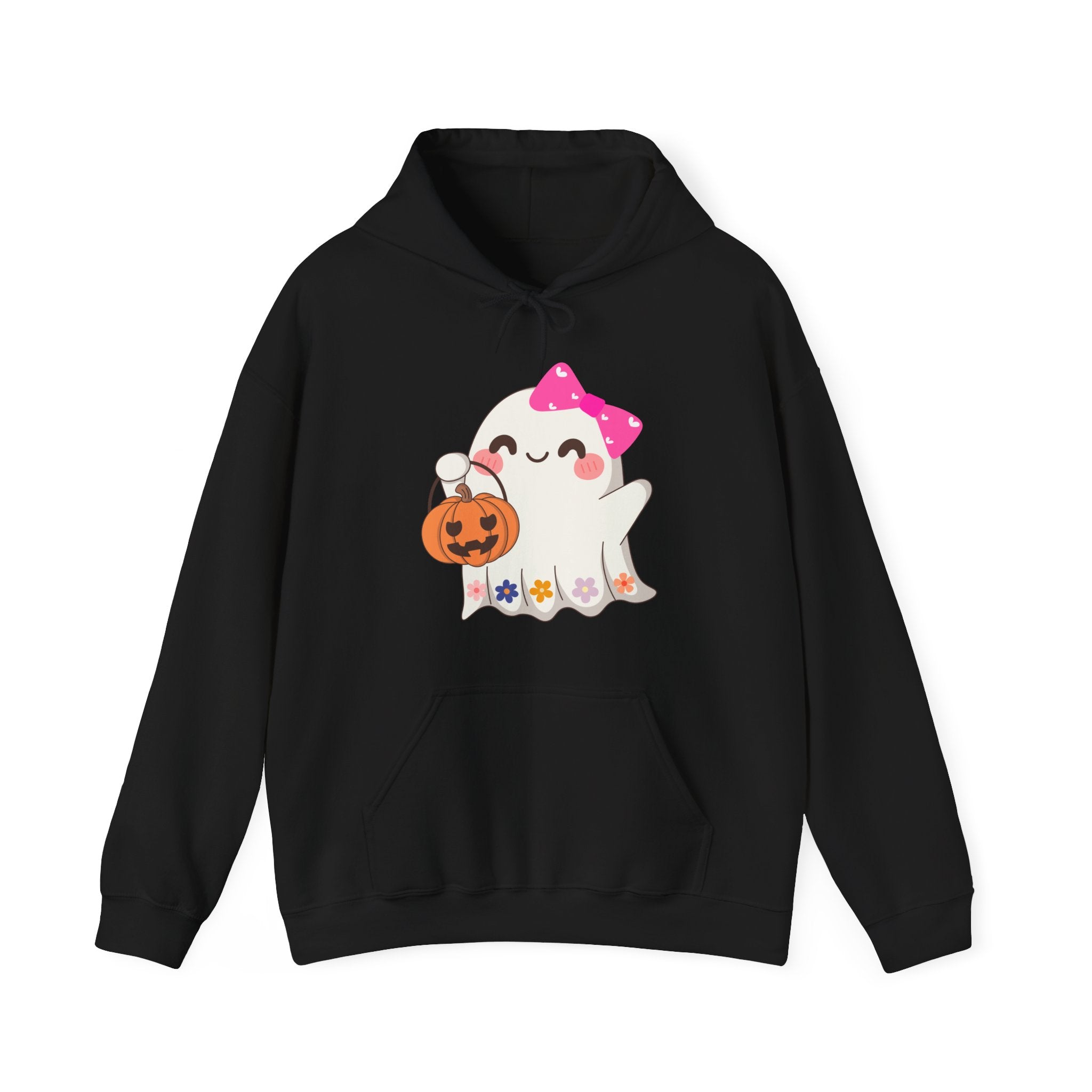Black hoodie with a cartoon ghost holding a pumpkin design on a white background