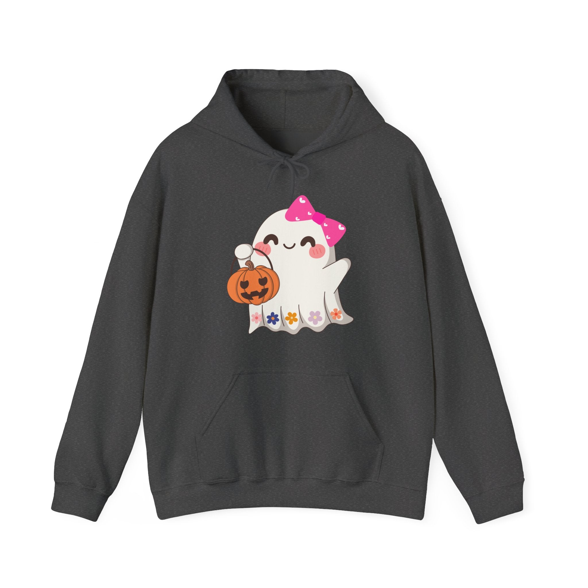 Dark gray hoodie with a ghost holding a pumpkin design on a white background
