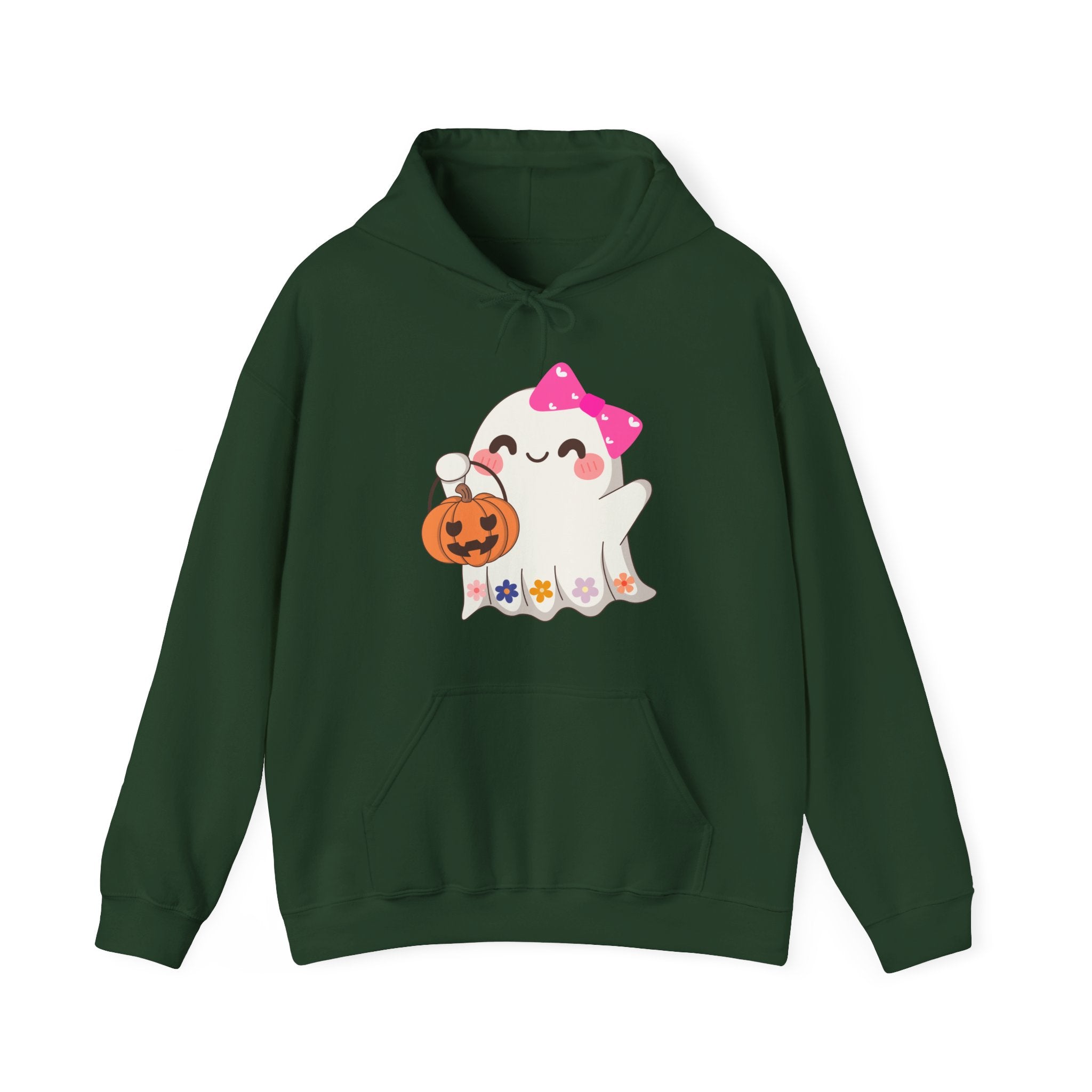 Forest green hoodie with a ghost holding a pumpkin design on a white background