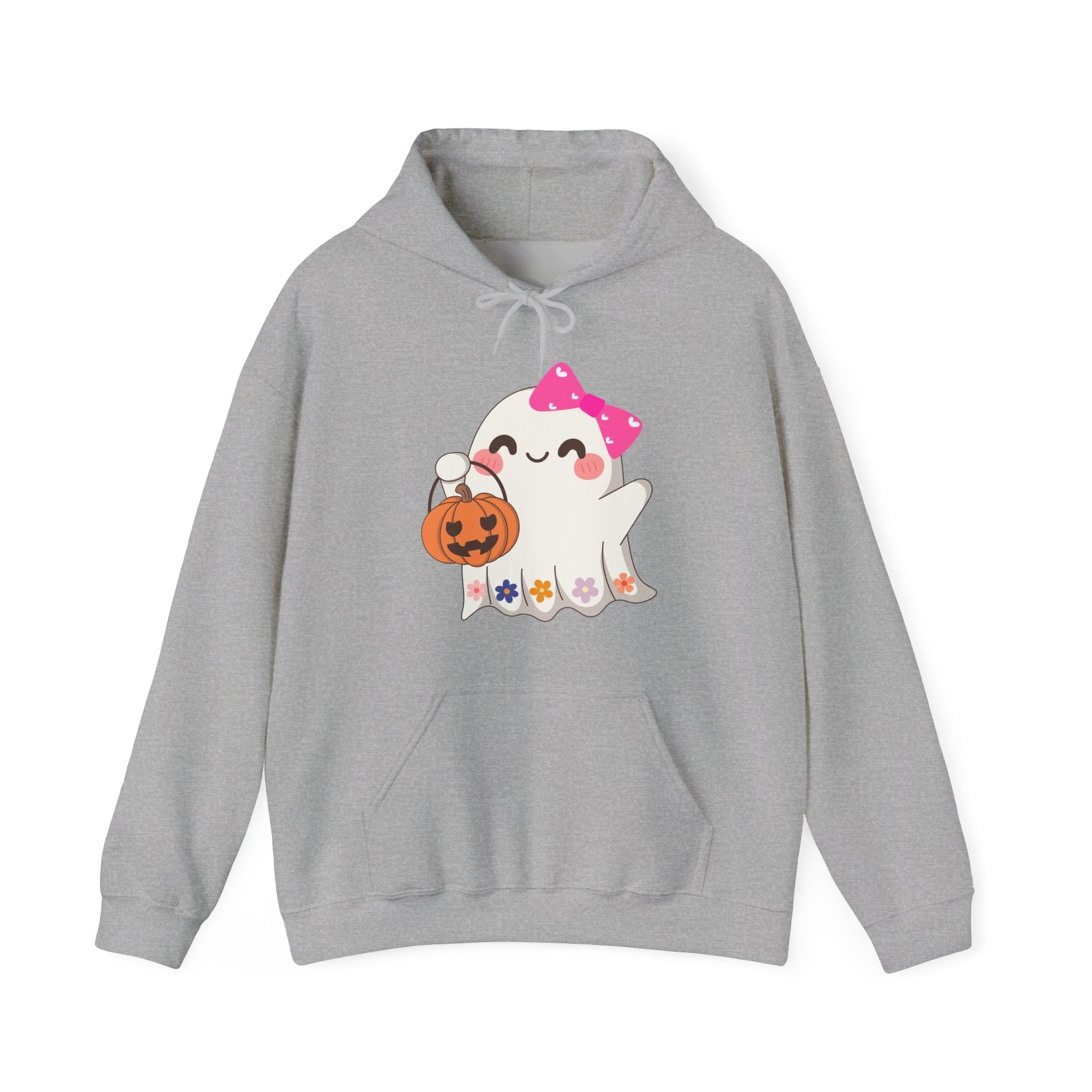 Gray hoodie with a cartoon ghost design holding a pumpkin on a white background