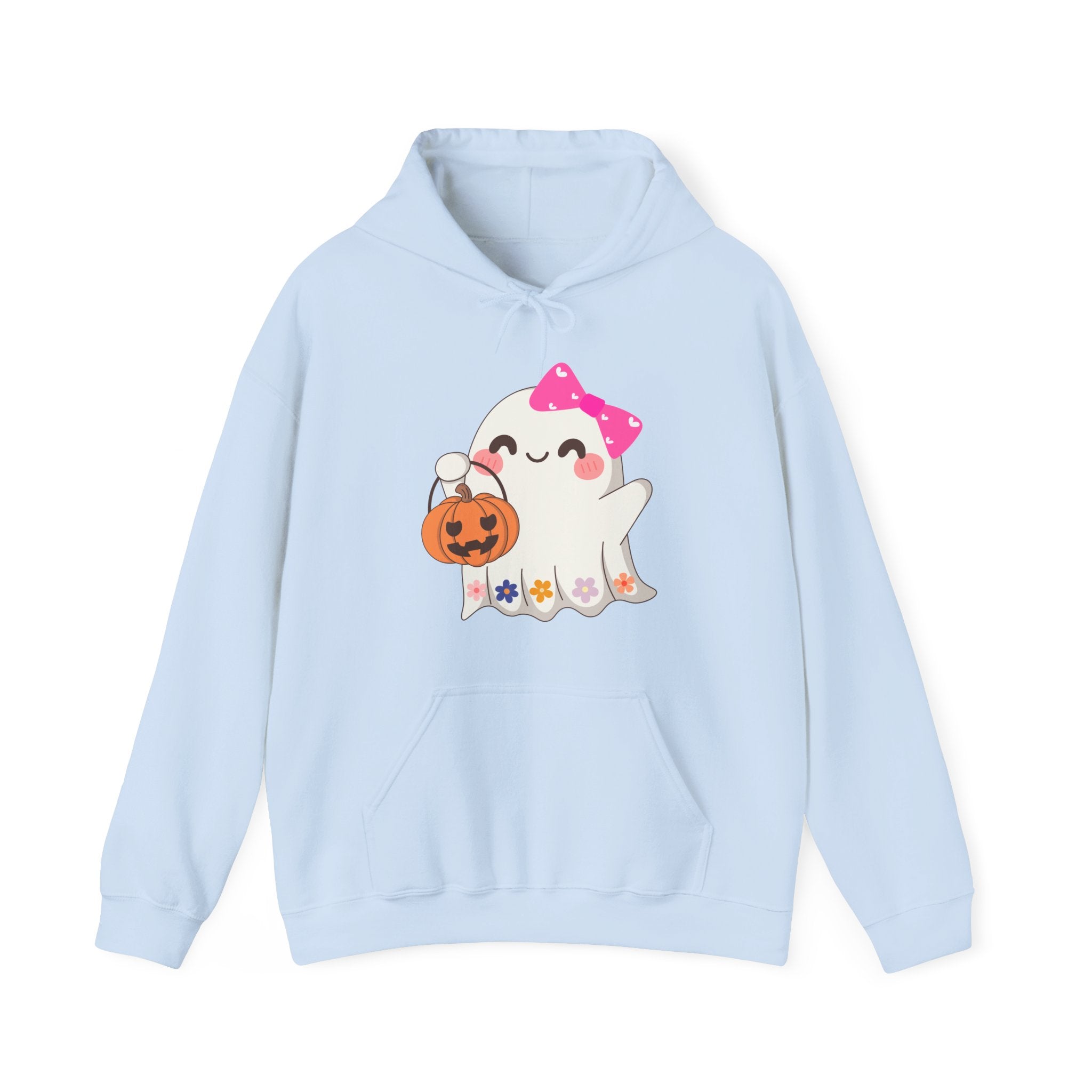Light blue hoodie with a ghost holding a pumpkin design on a white background