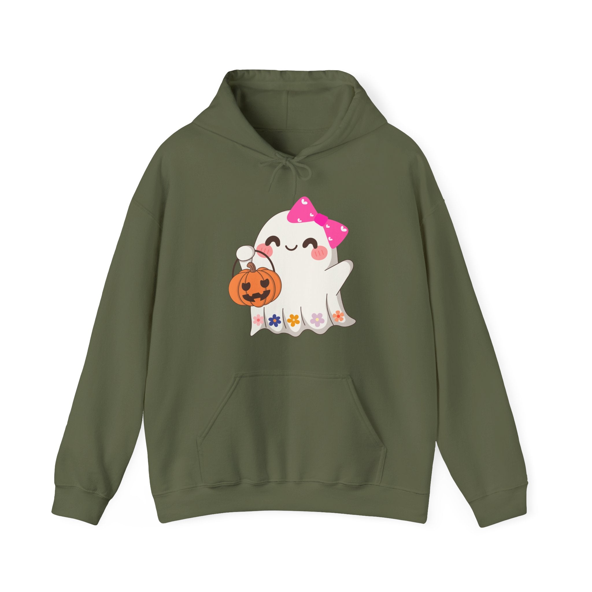 Military green hoodie with a ghost holding a pumpkin design on a white background