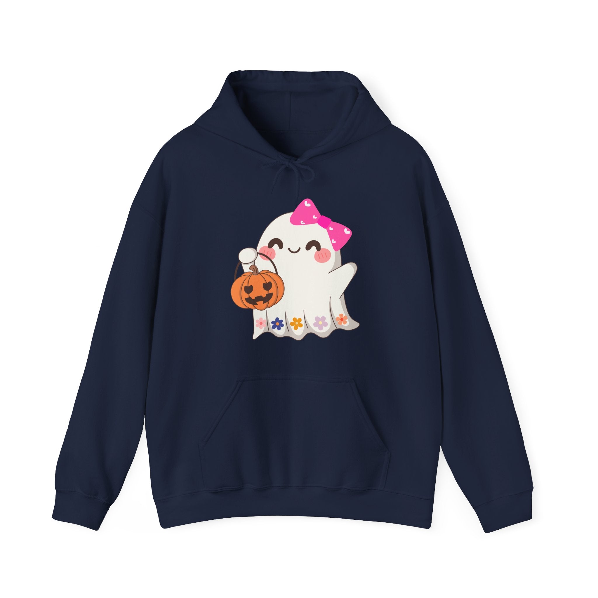 Navy blue hoodie with a ghost and pumpkin design on a white background