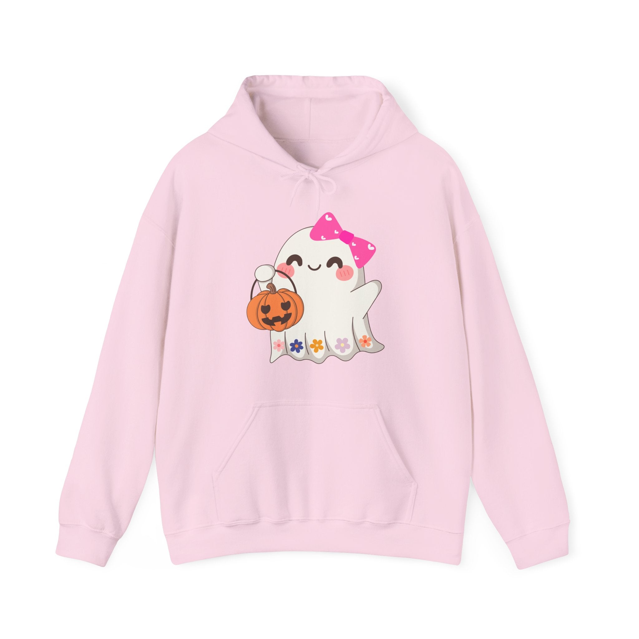 Pink hoodie with a ghost holding a pumpkin design on a white background