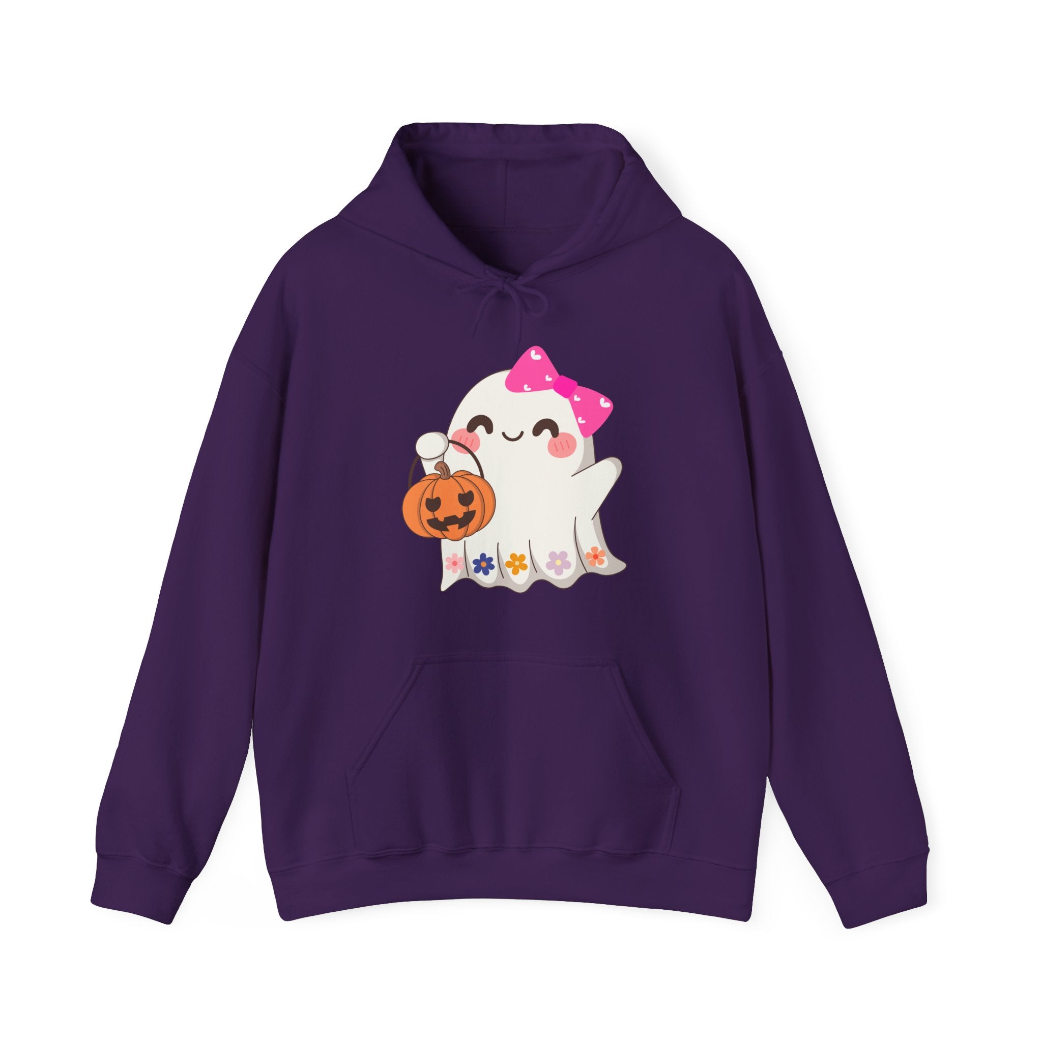 Purple hoodie with a cartoon ghost design holding a pumpkin on a white background