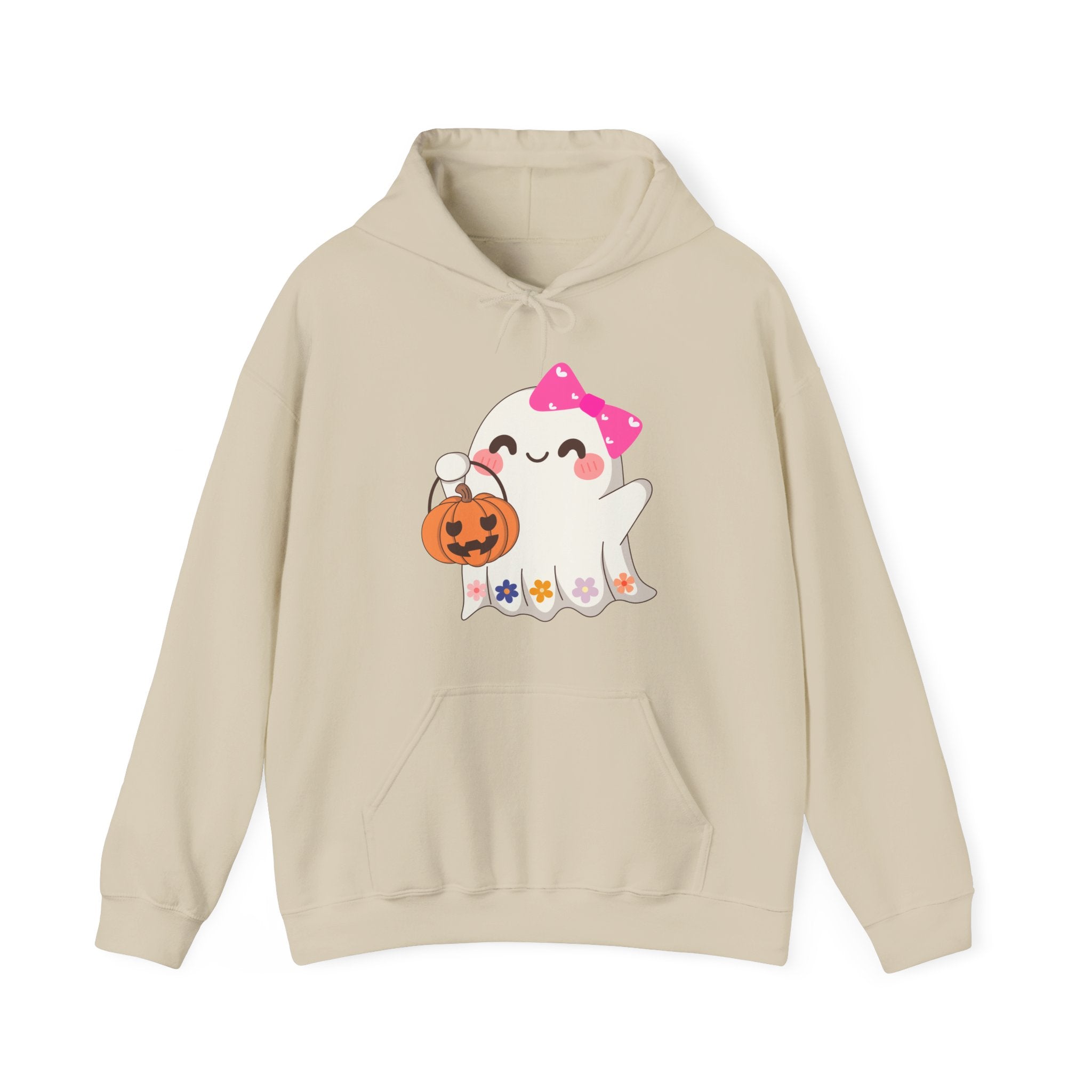 Beige hoodie with a cartoon ghost holding a pumpkin on a white background