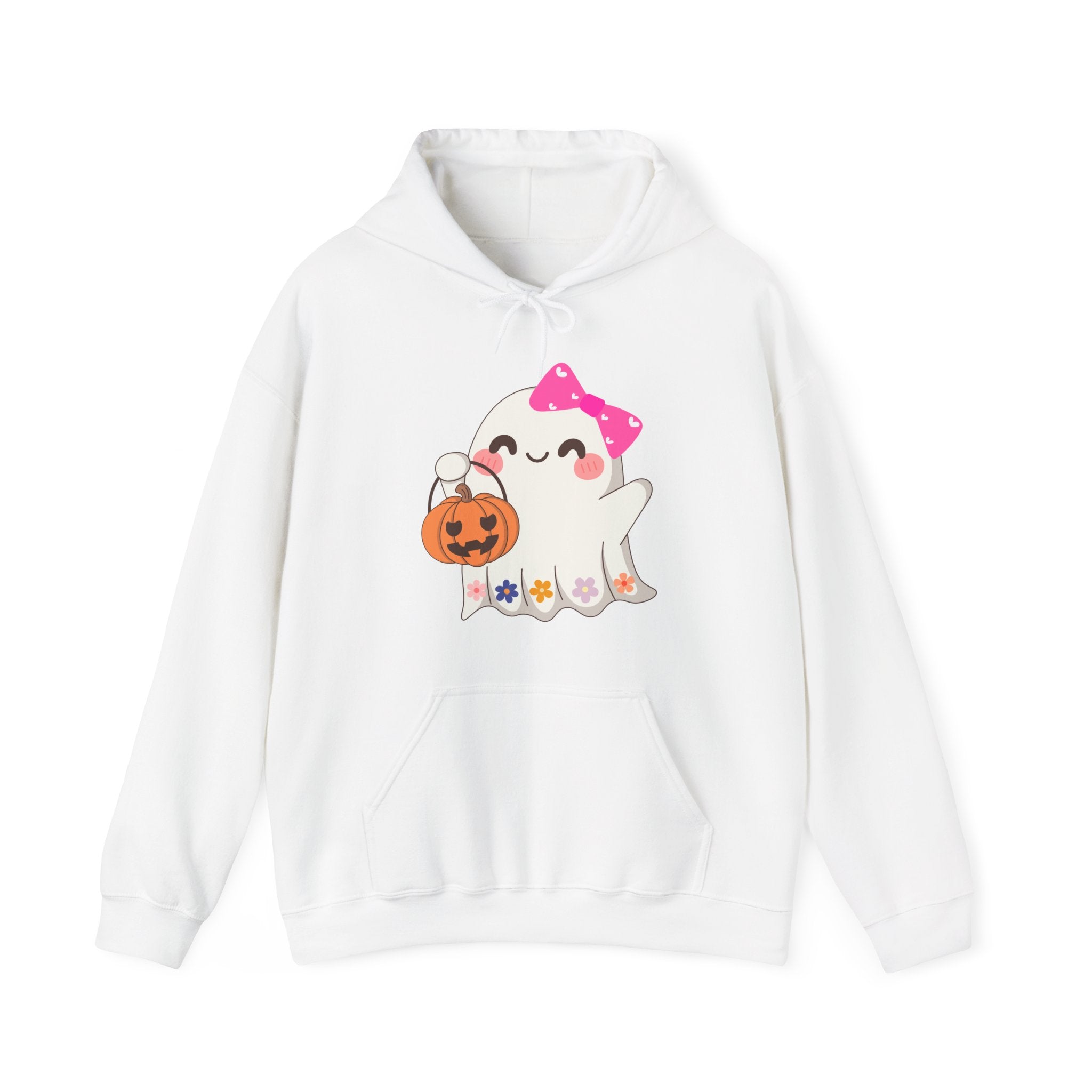 White hoodie with a ghost character holding a pumpkin and wearing a pink bow on a white background