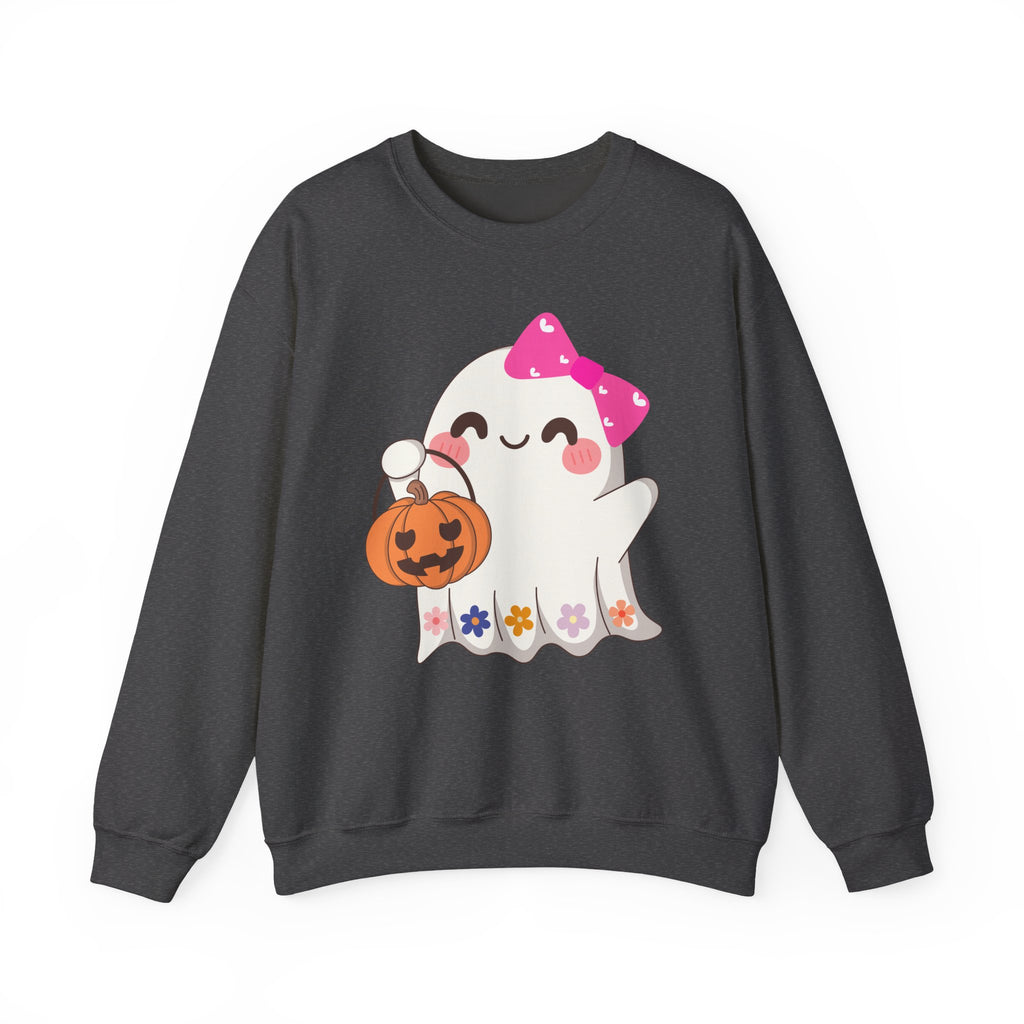 Dark heather sweatshirt with a cartoon ghost holding a pumpkin on a white background