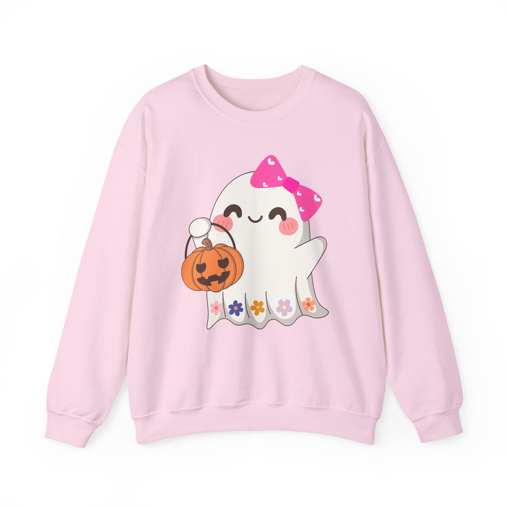 Pink sweatshirt with a cartoon ghost holding a pumpkin on a white background