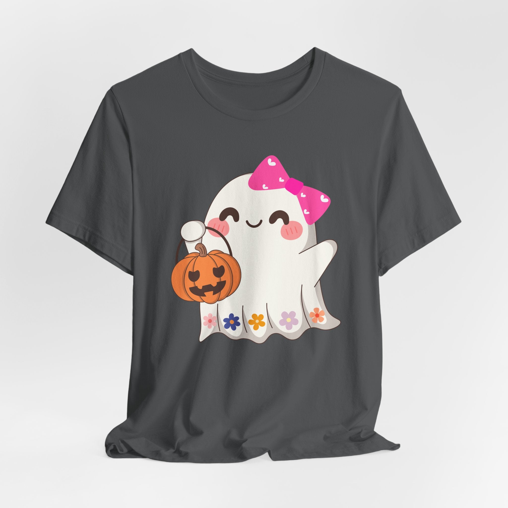 Asphalt gray t-shirt with a cute Halloween ghost design holding a pumpkin on a white background