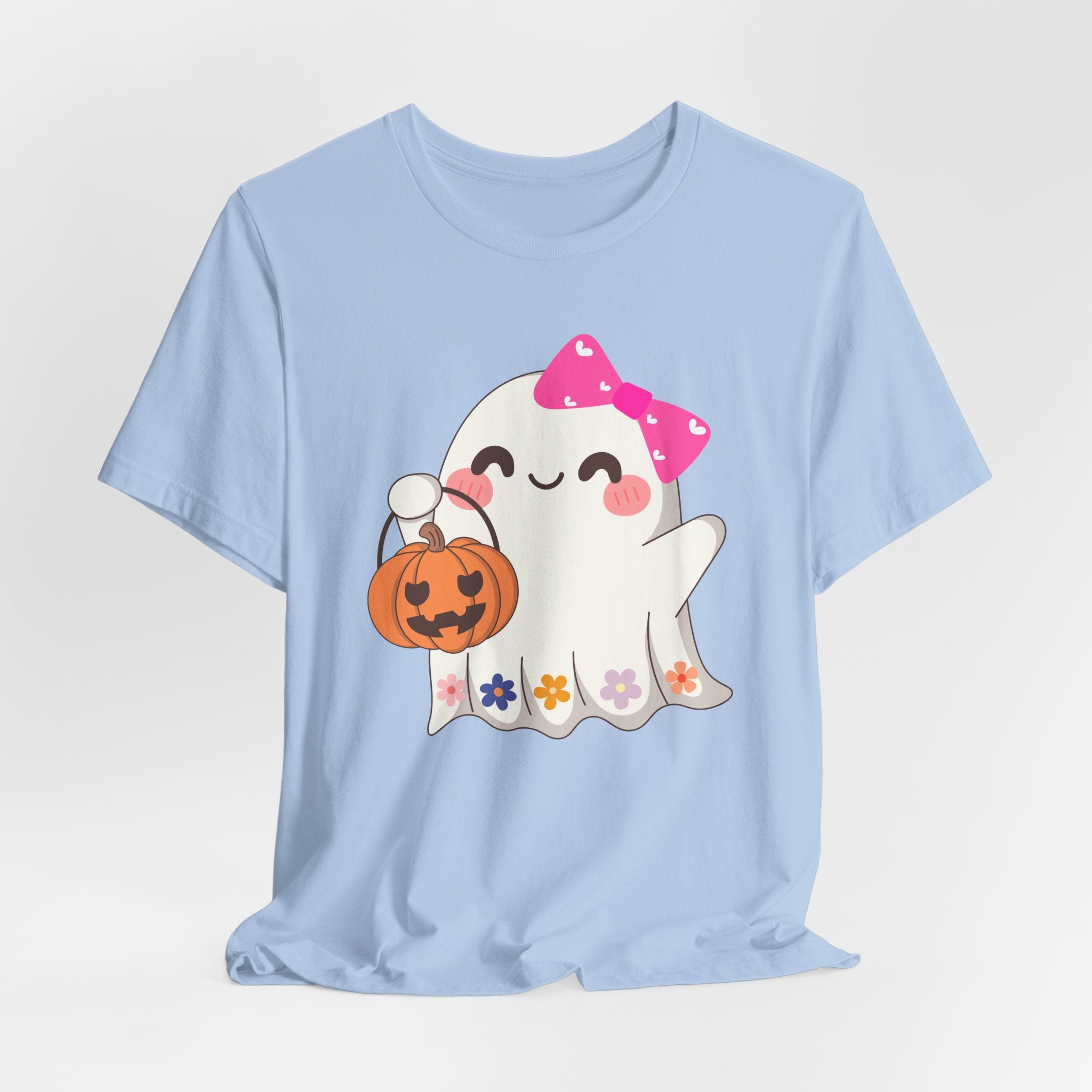 Baby light blue t-shirt with a cute Halloween ghost design holding a pumpkin on a white background