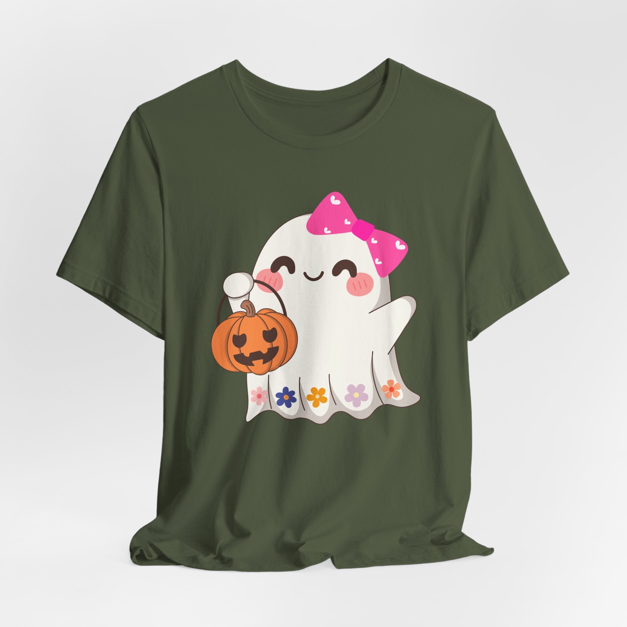 Military green t-shirt with a cute Halloween ghost design holding a pumpkin on a white background