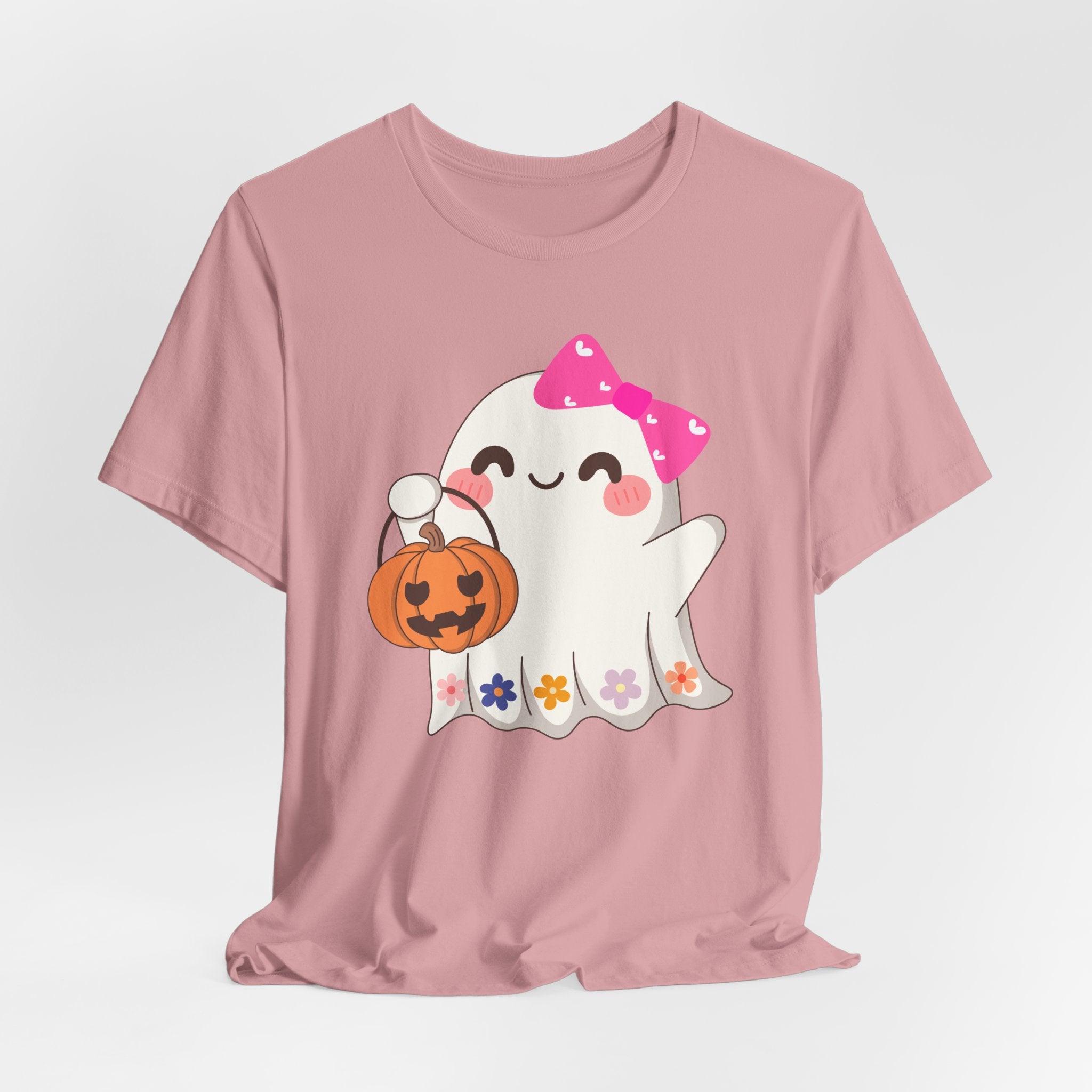 Orchid pink t-shirt with a cute Halloween ghost design holding a pumpkin on a white background