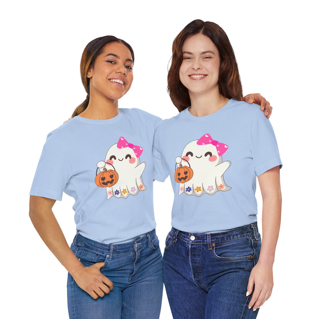 Two people wearing light blue t-shirts with cartoon ghosts and pumpkins on a white background