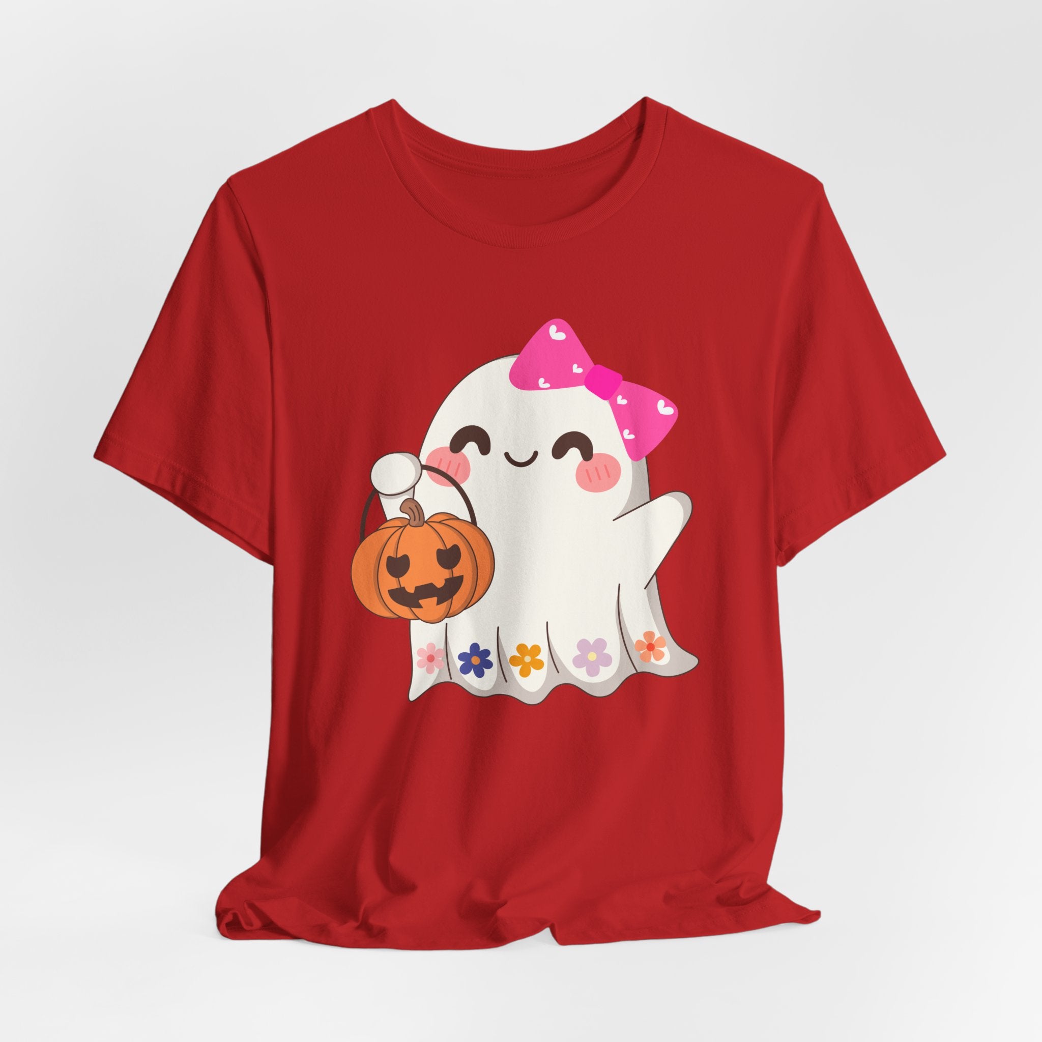 Red t-shirt with a cute Halloween ghost design holding a pumpkin on a white background