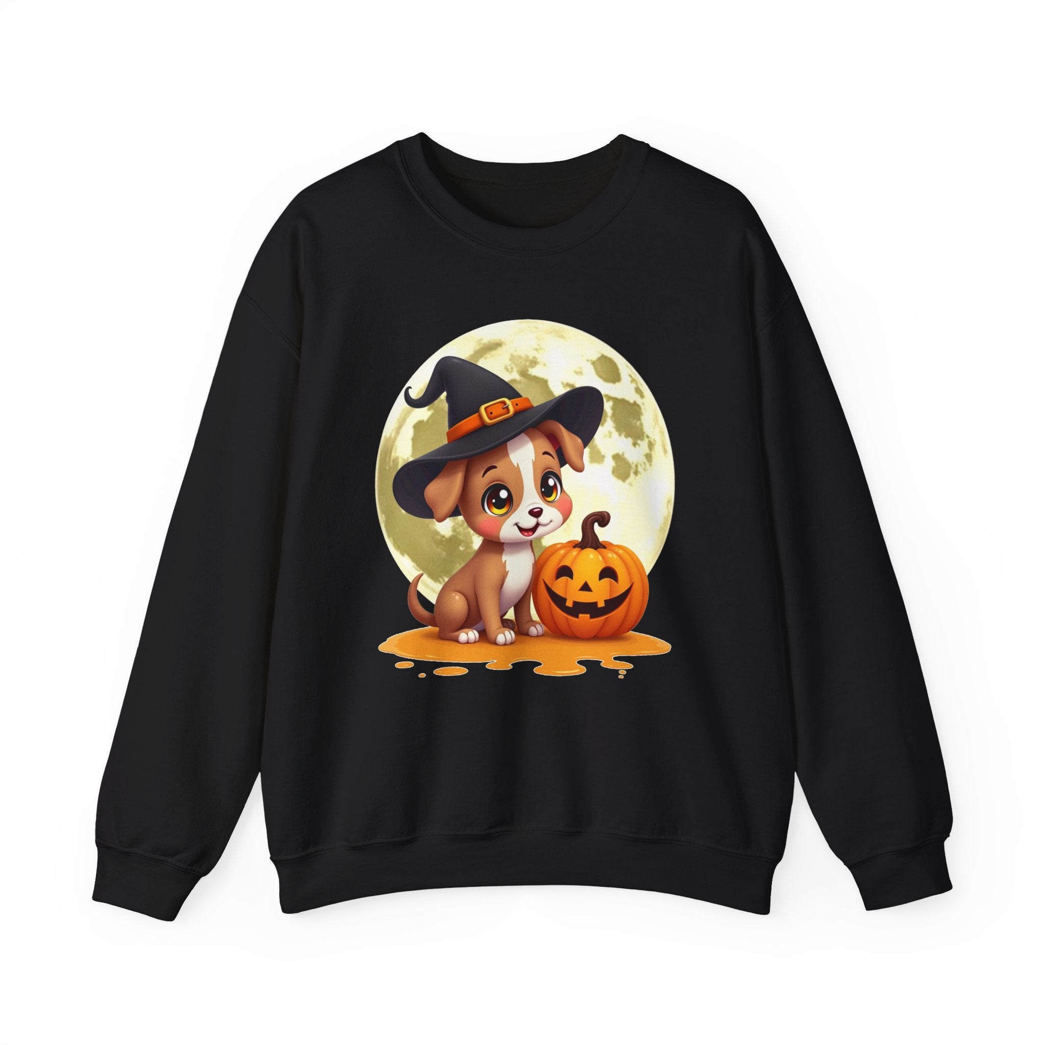 Black sweatshirt with a Halloween-themed design featuring a dog in a witch hat and pumpkin.