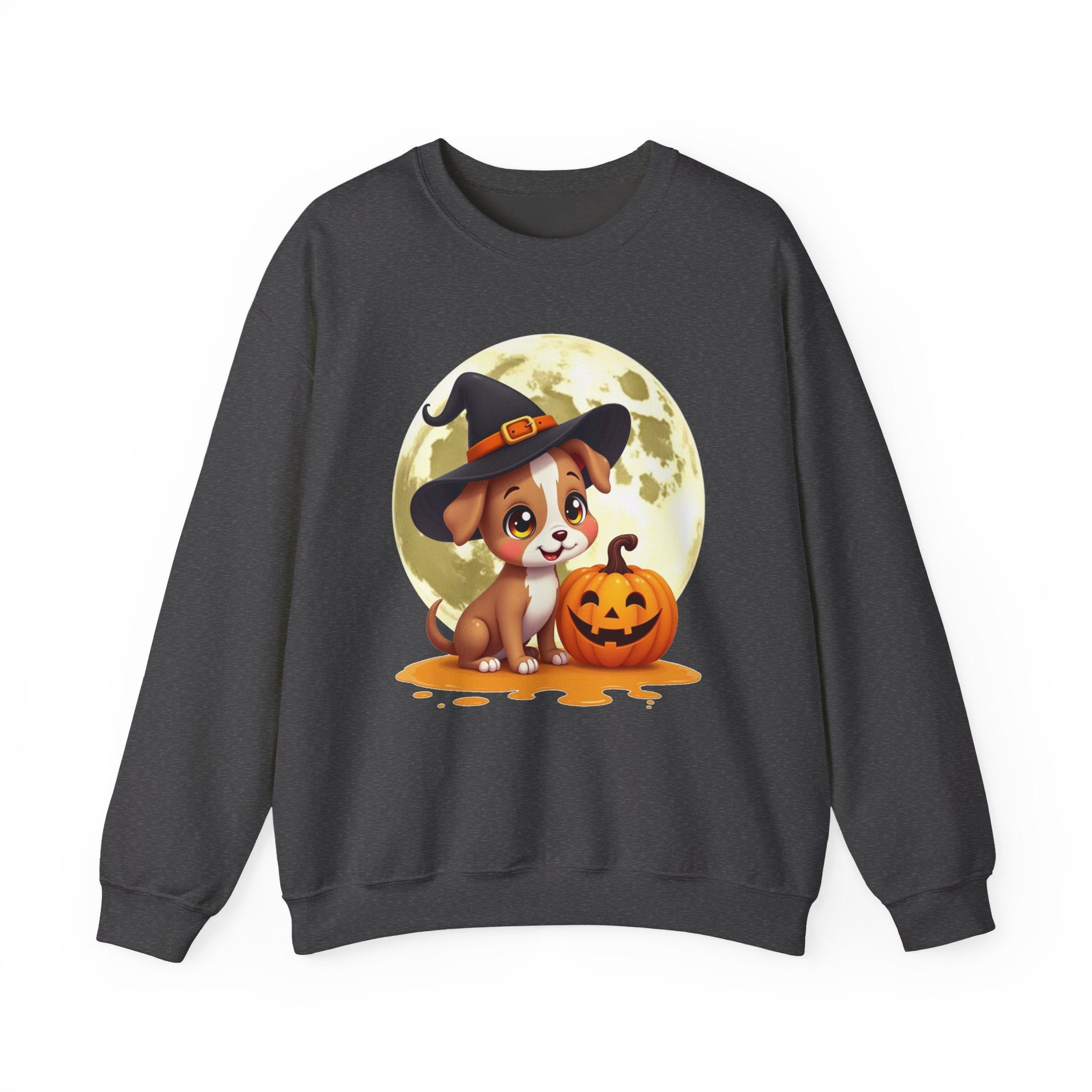 Dark heather sweatshirt with a Halloween-themed design of a dog in a witch hat and pumpkin.
