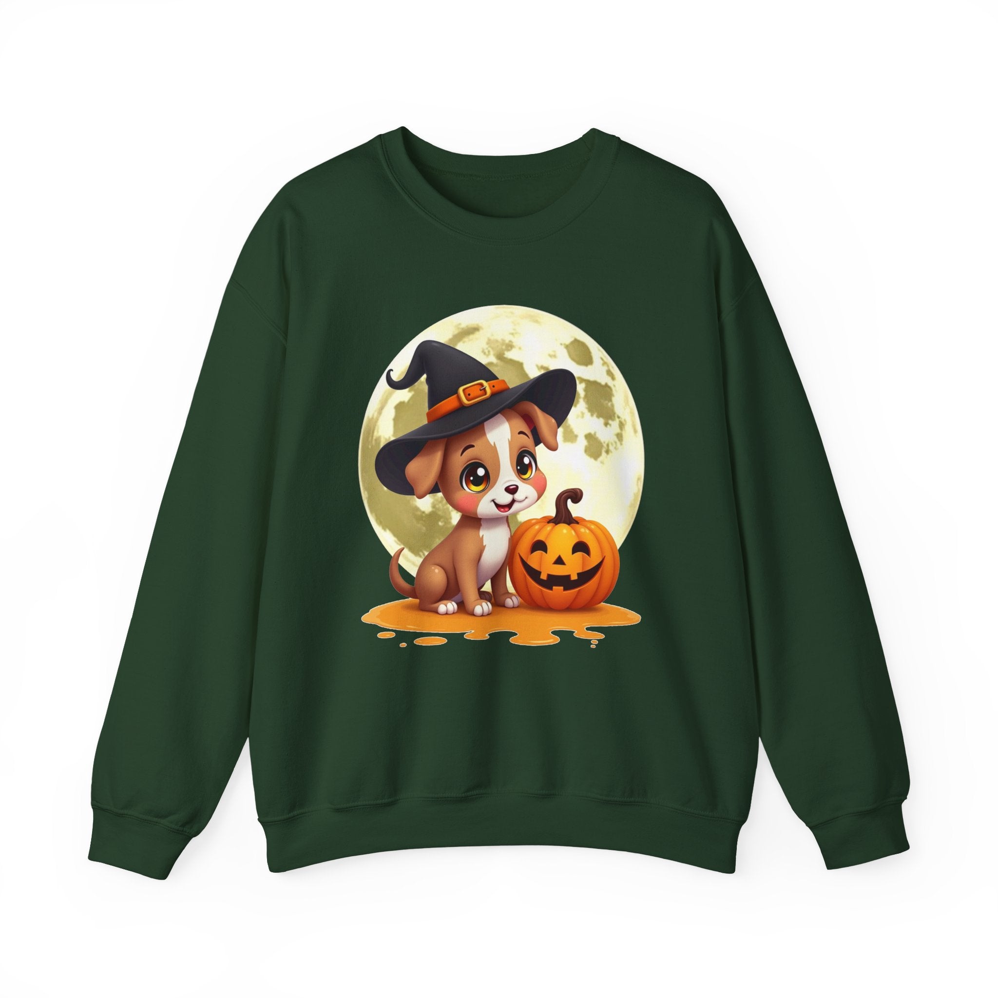 Forest green sweatshirt with a Halloween-themed design of a dog in a witch hat and pumpkin.