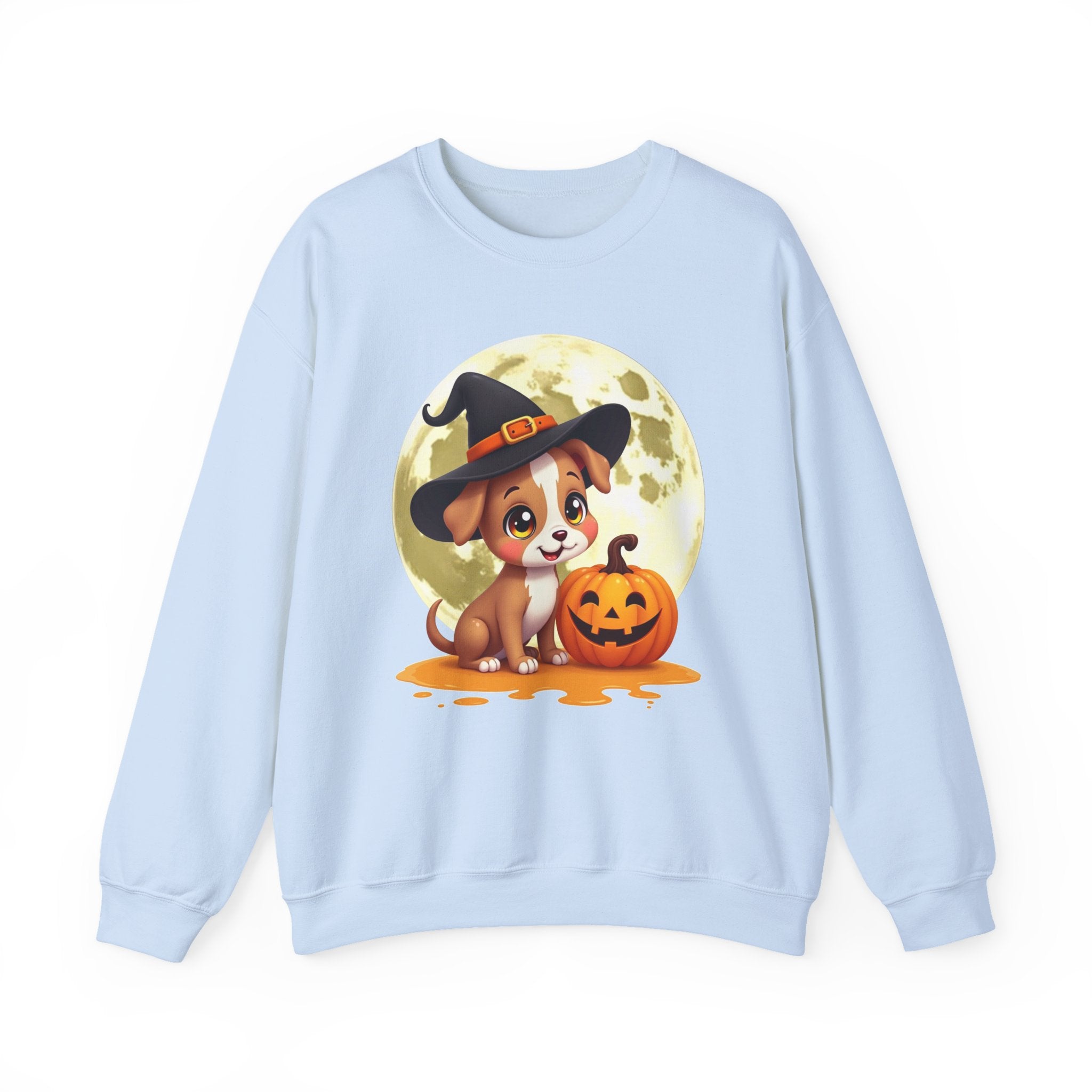 Light blue sweatshirt with a Halloween-themed design featuring a dog and pumpkin on a white background.