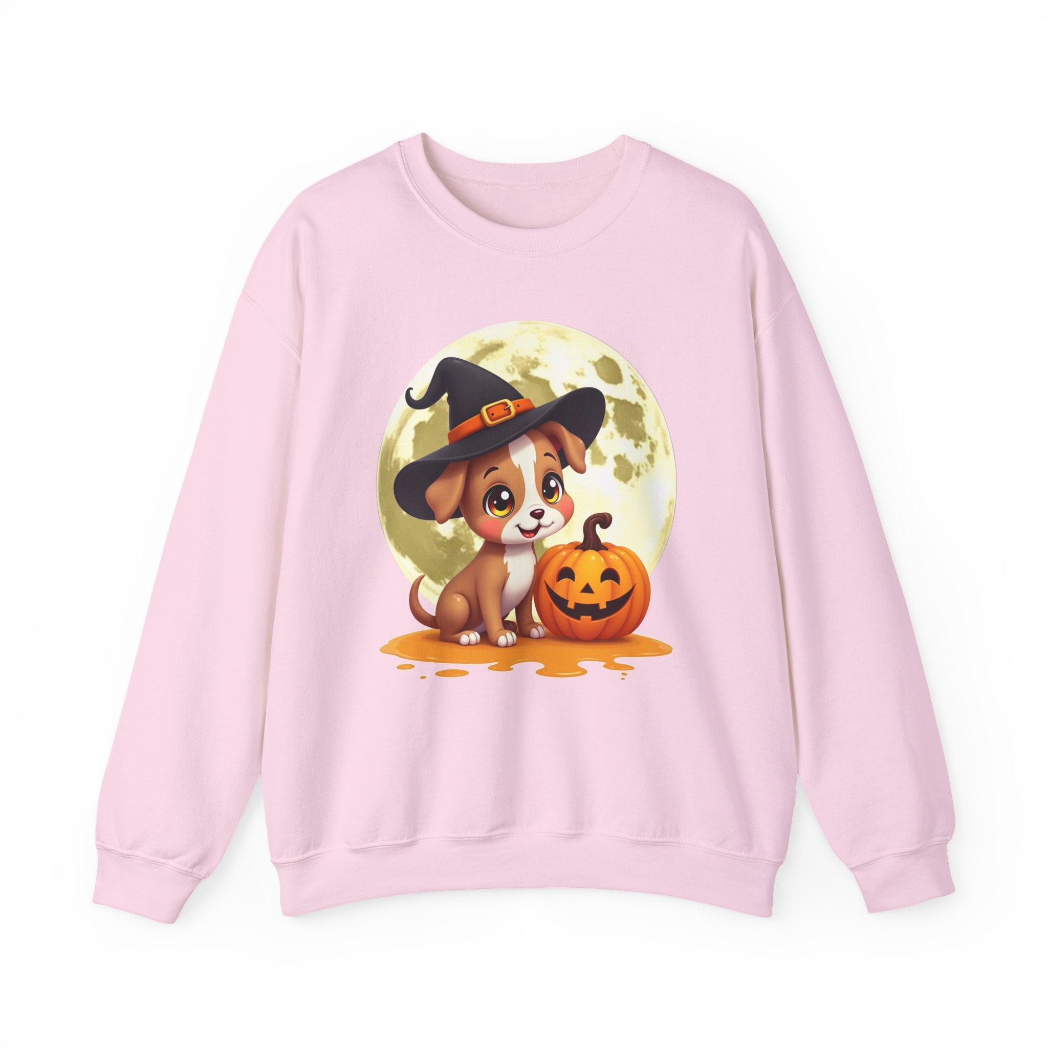 Pink sweatshirt with a Halloween-themed design featuring a dog in a witch hat and pumpkin.