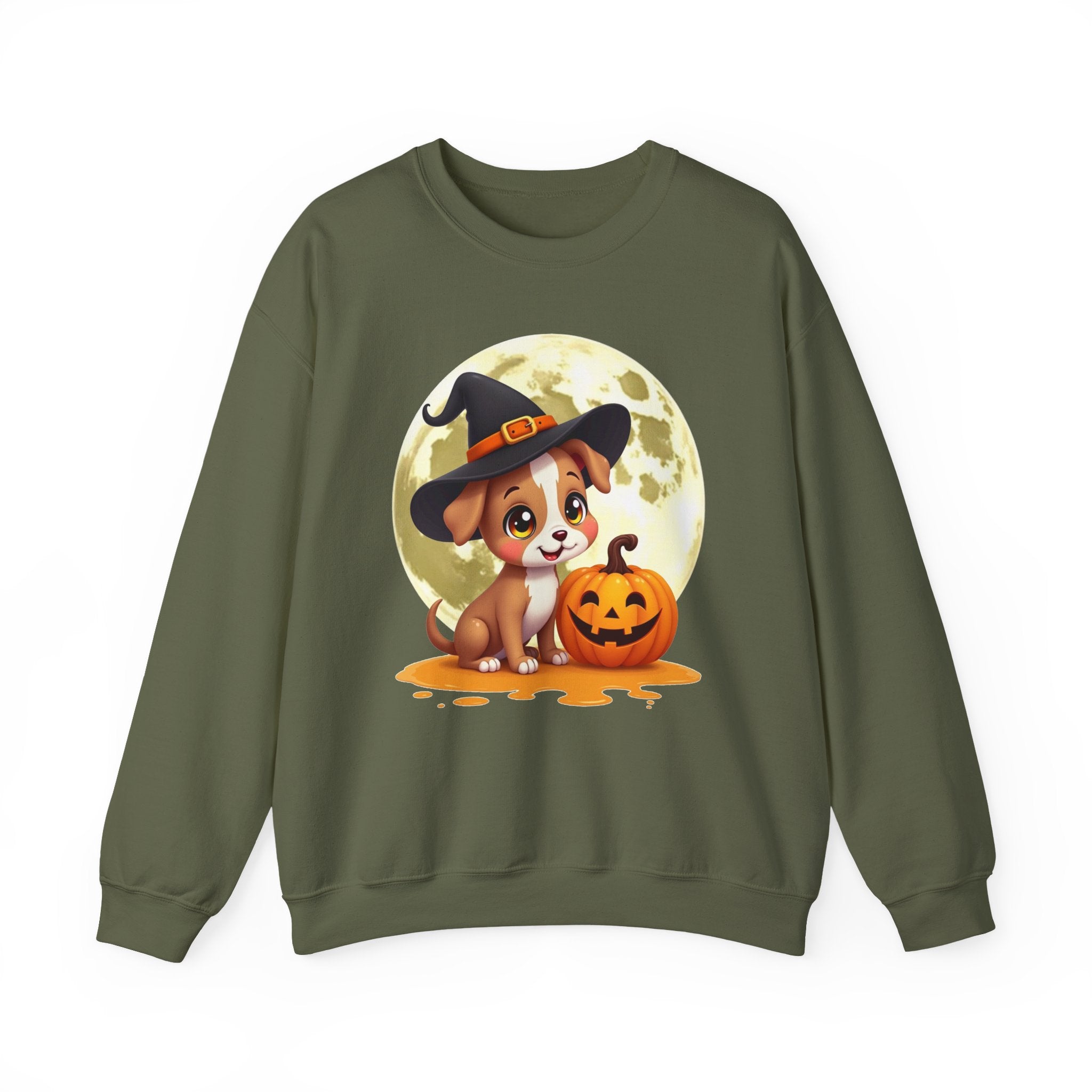 Military green sweatshirt with a Halloween-themed design of a dog in a witch hat and pumpkin.