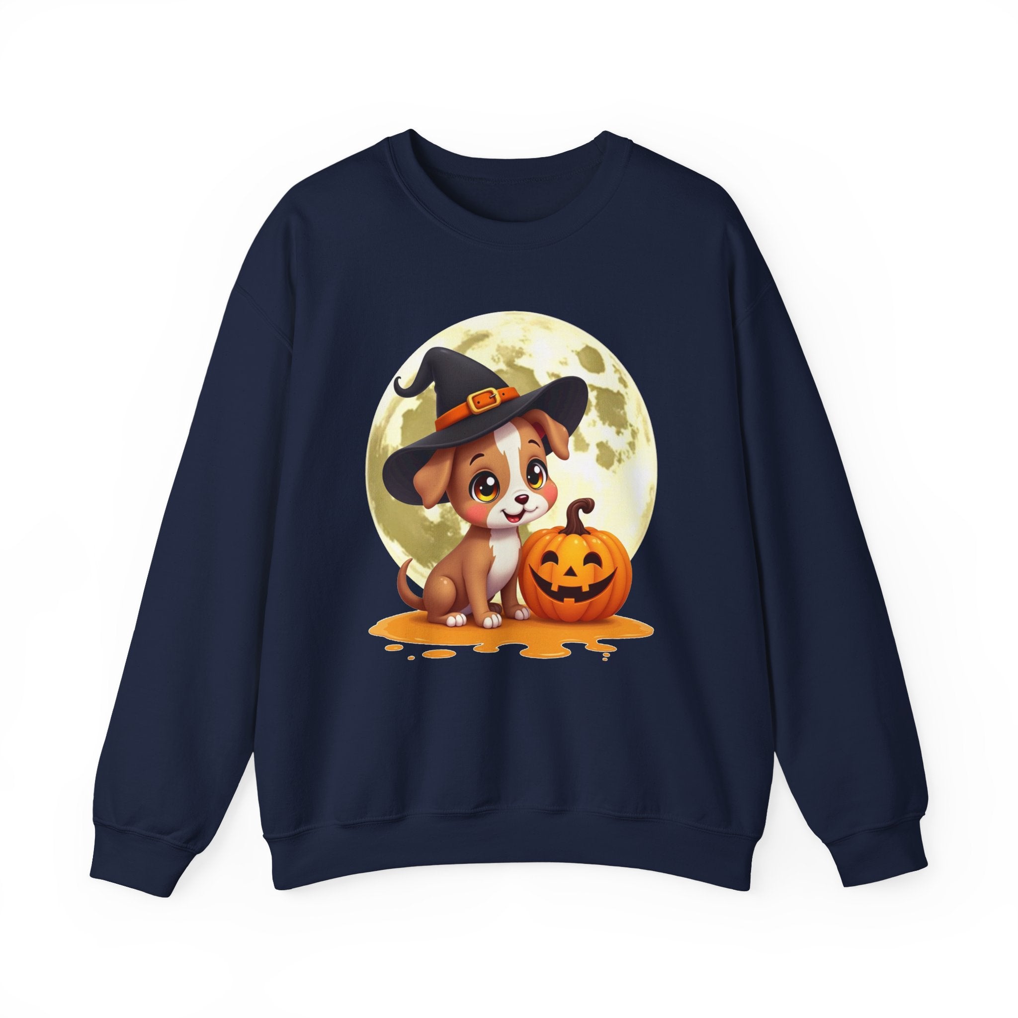 Navy blue sweatshirt with a Halloween-themed design of a dog in a witch hat and pumpkin.