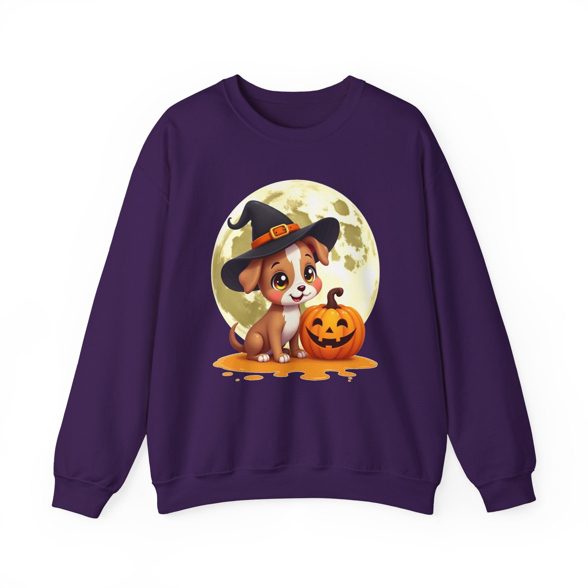Purple sweatshirt with a Halloween-themed design of a dog in a witch hat and pumpkin.