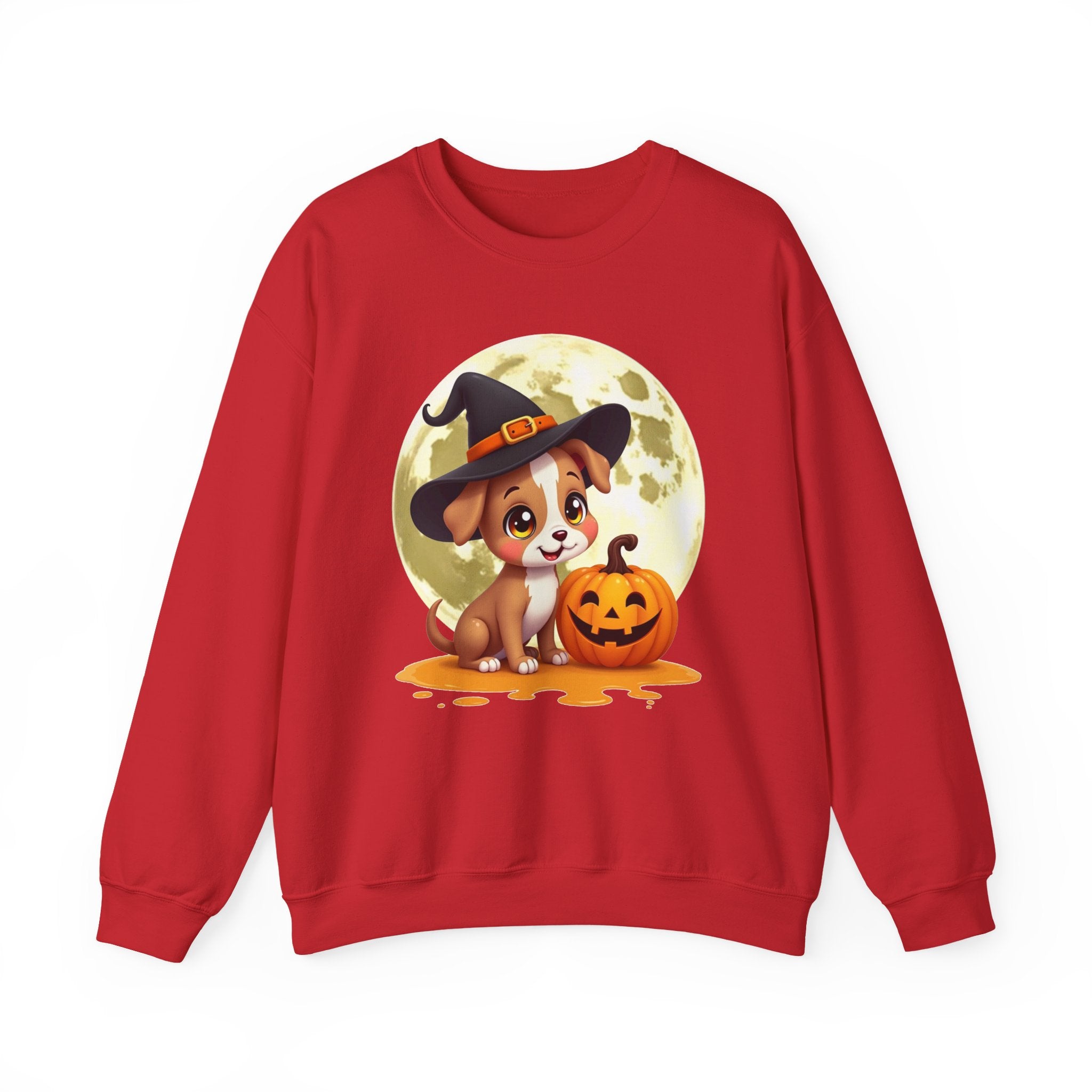 Red sweatshirt with a Halloween-themed design of a dog in a witch hat and pumpkin.