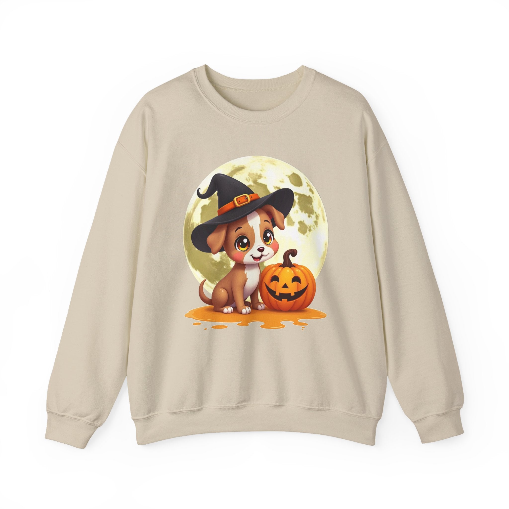 Beige sweatshirt with a Halloween-themed design featuring a dog in a witch hat and pumpkin.