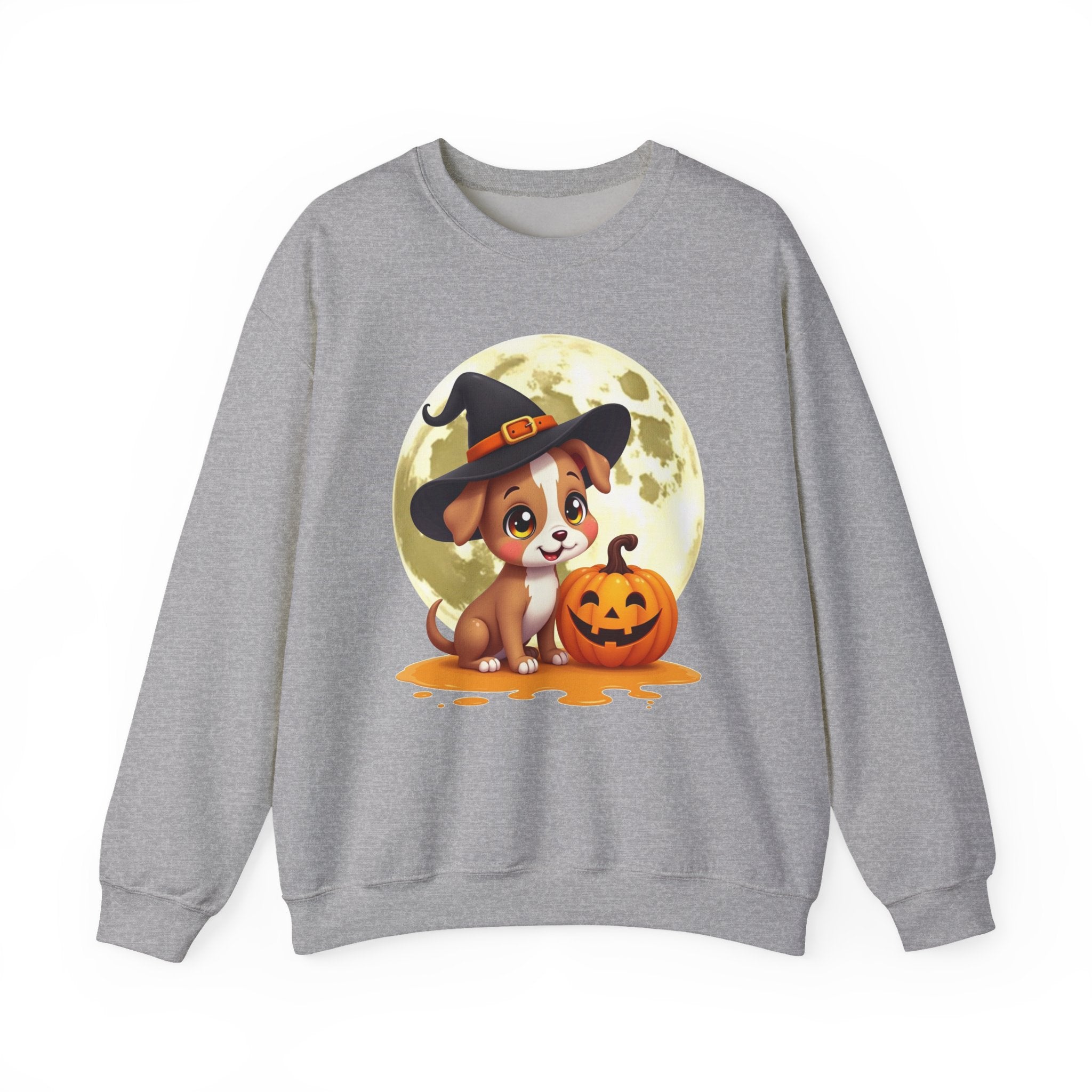 Gray sweatshirt with a Halloween-themed design featuring a dog in a witch hat and pumpkin.