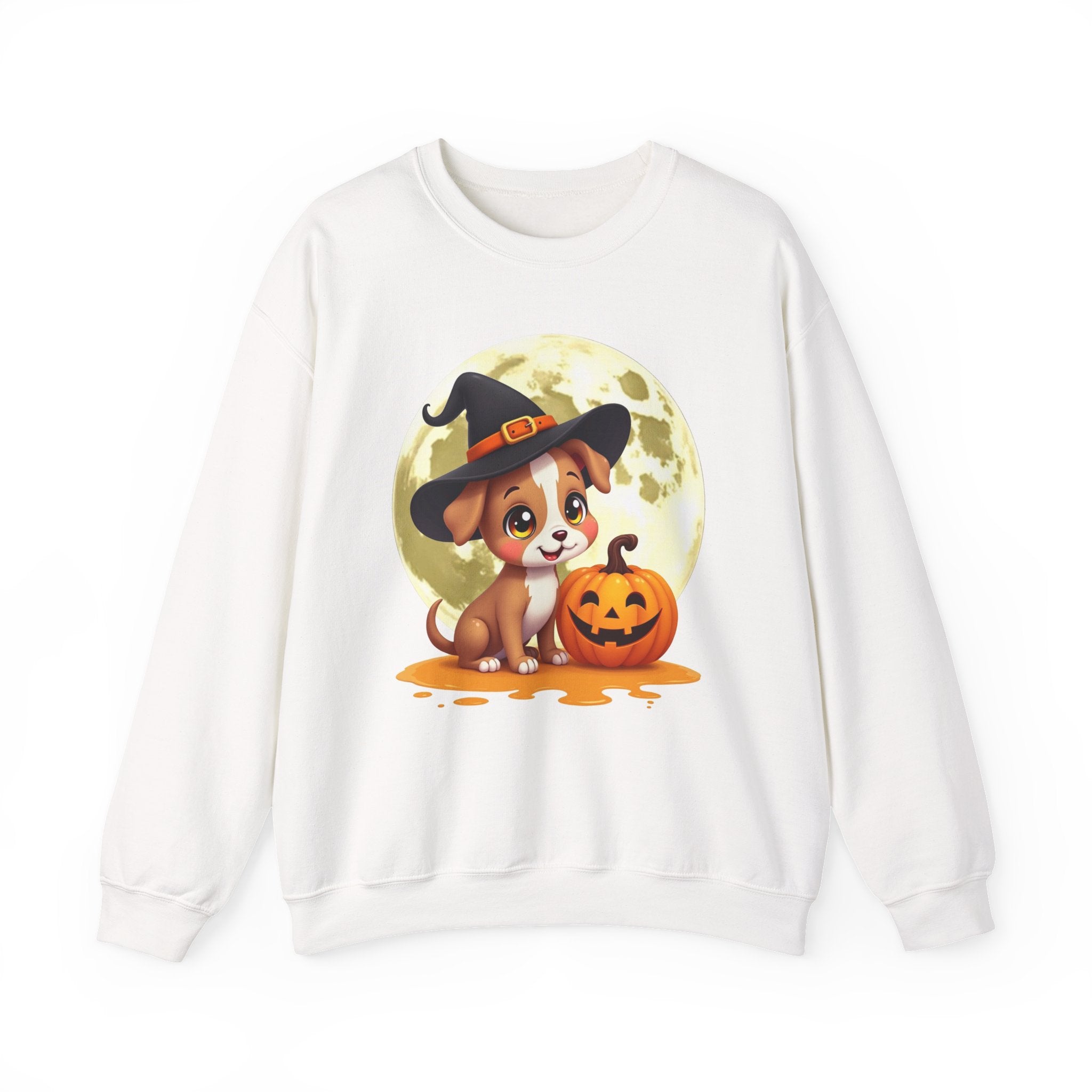 White sweatshirt with a Halloween-themed design featuring a dog and pumpkin on a white background
